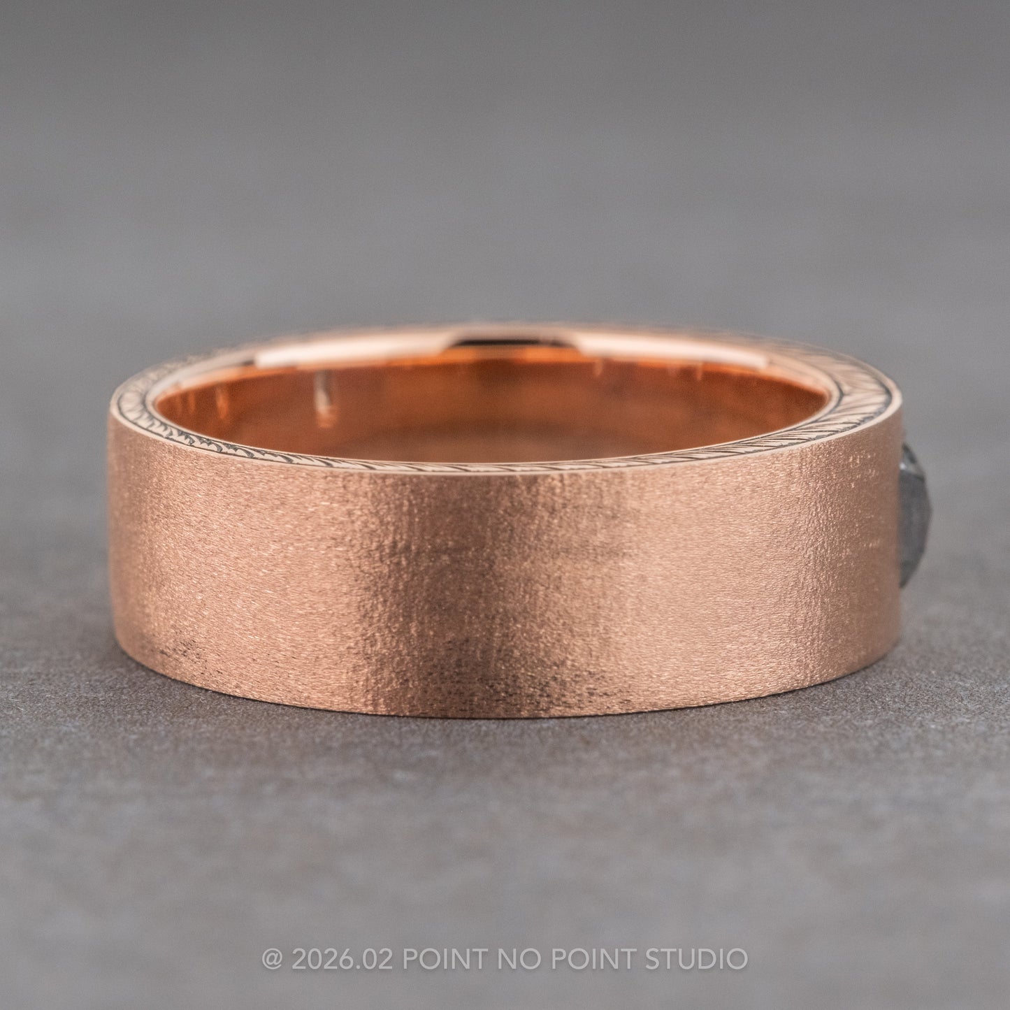 Salt and Pepper Emerald Diamond Mens Engraved Edges Wedding Band, 14K Rose Gold