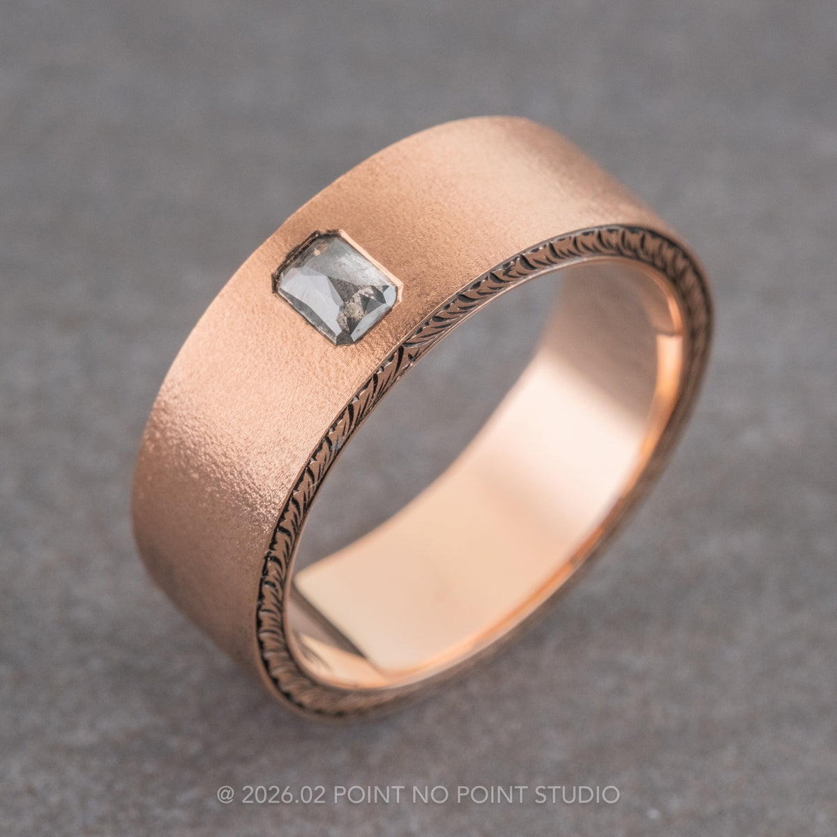 Salt and Pepper Emerald Diamond Mens Engraved Edges Wedding Band, 14K Rose Gold