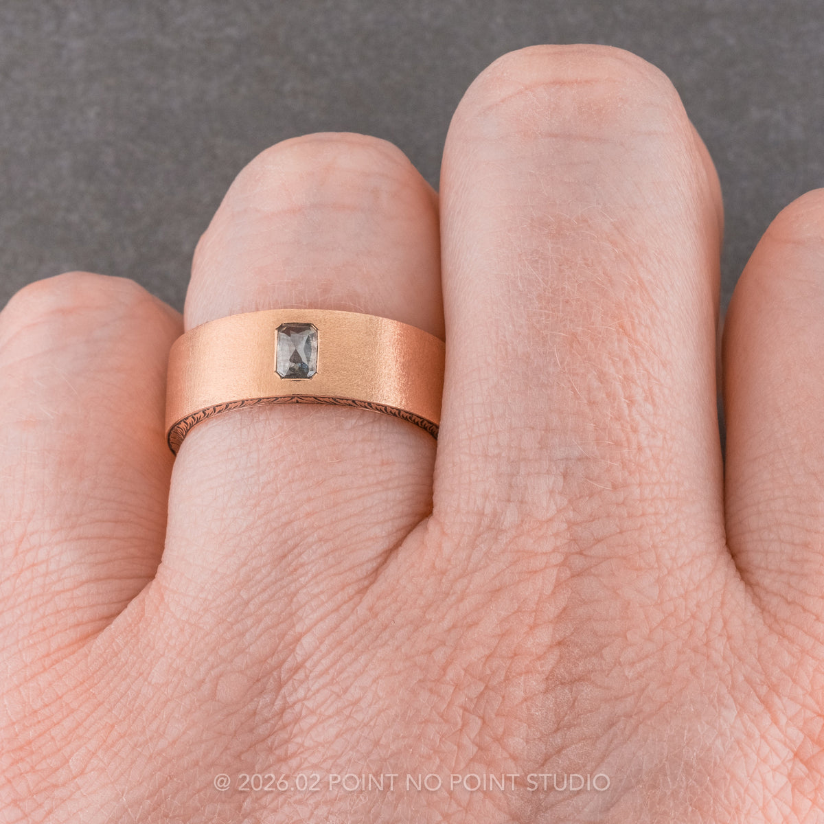 Salt and Pepper Emerald Diamond Mens Engraved Edges Wedding Band, 14K Rose Gold
