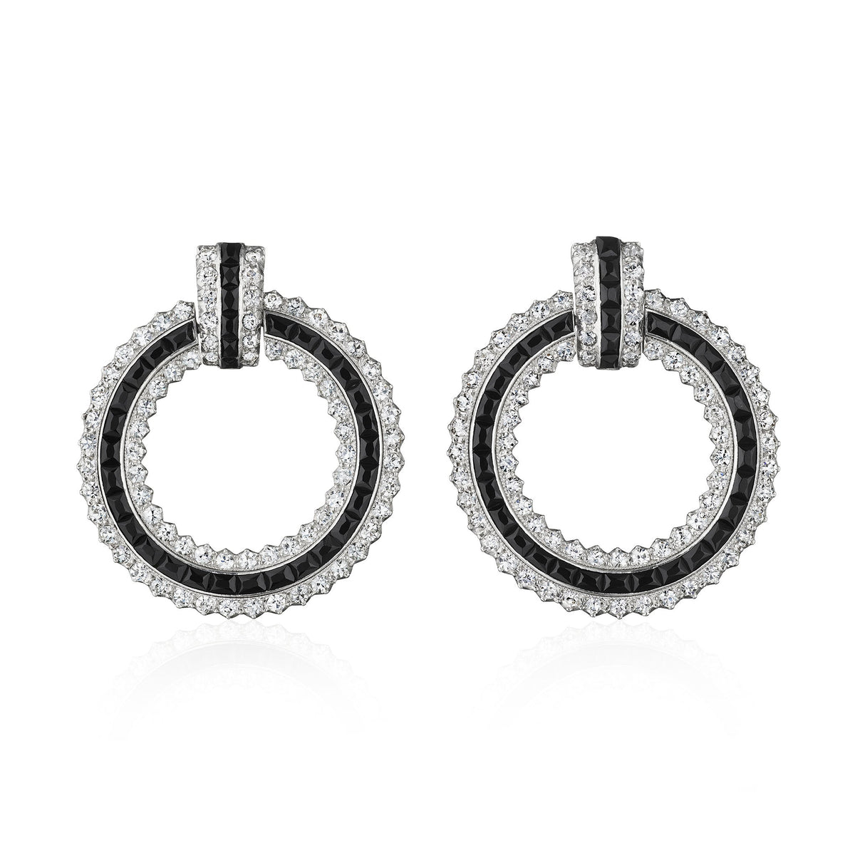 Cartier Attributed Art Deco Onyx and Diamond Hoop Earrings