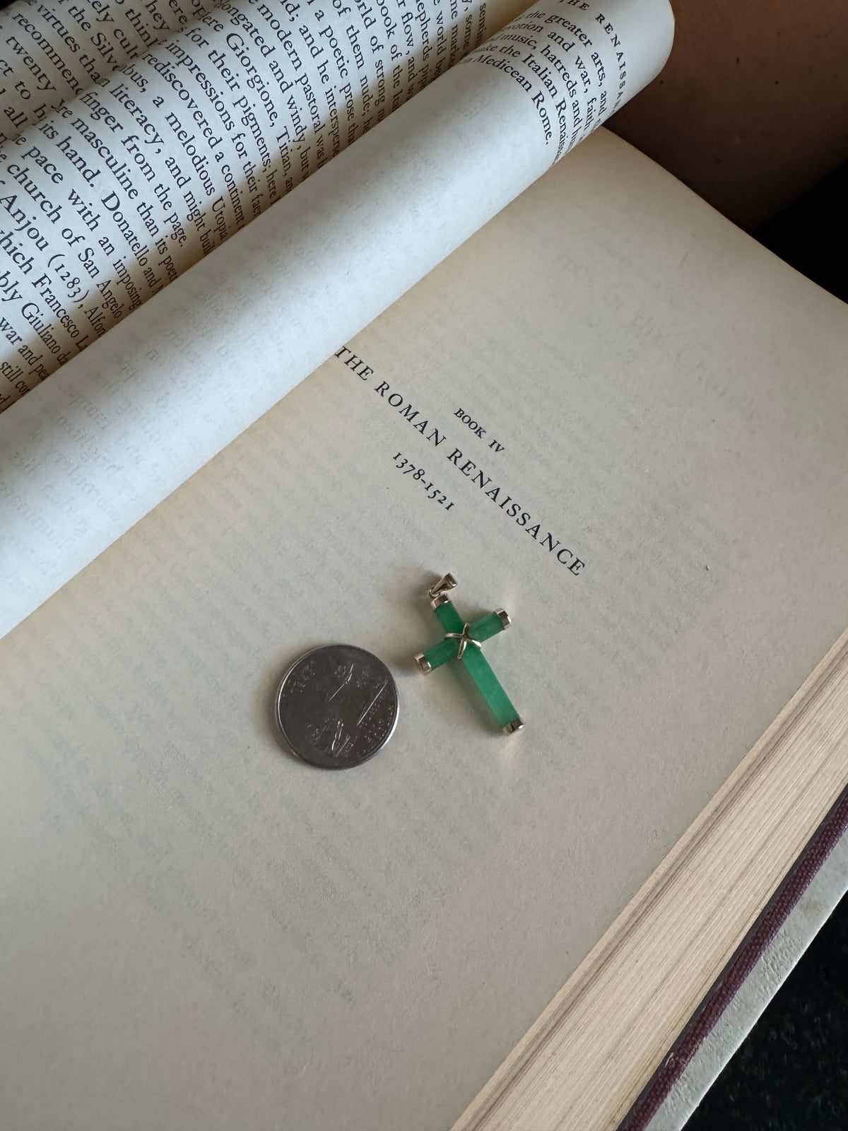 Estate 14k Yellow Gold & Jade Cross Charm