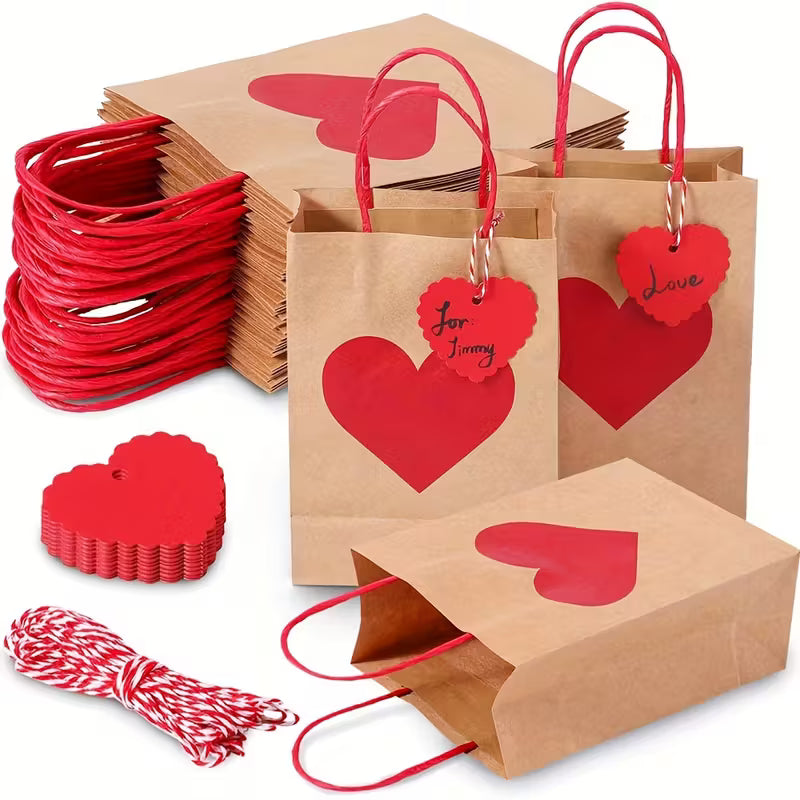 Heart-Shaped Kraft Paper Gift Bags with Tags and Twine