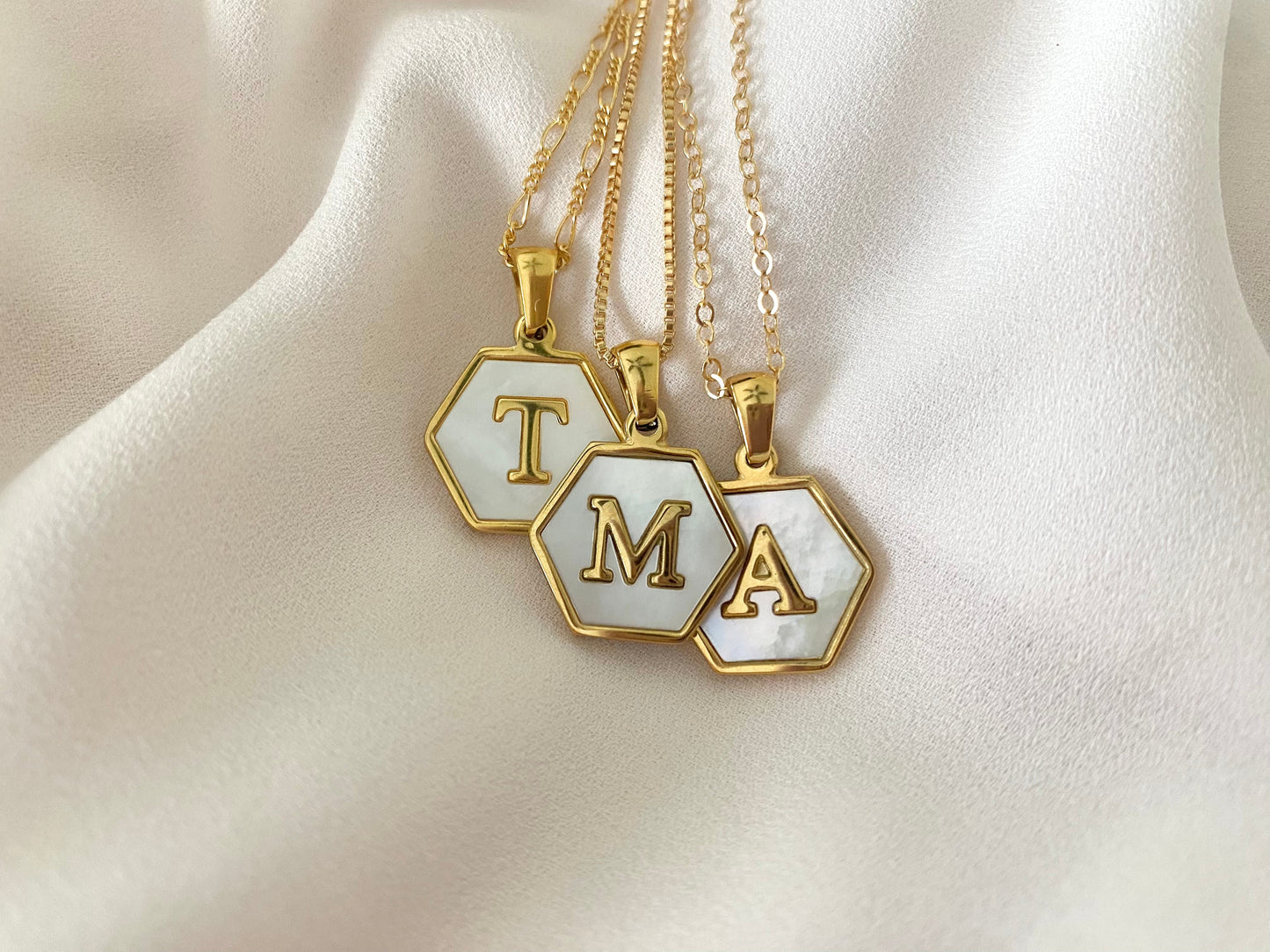 Gold Hexagon Mother of Pearl Letter Pendant Necklace - Gold Filled Chain - Customizable Gifts