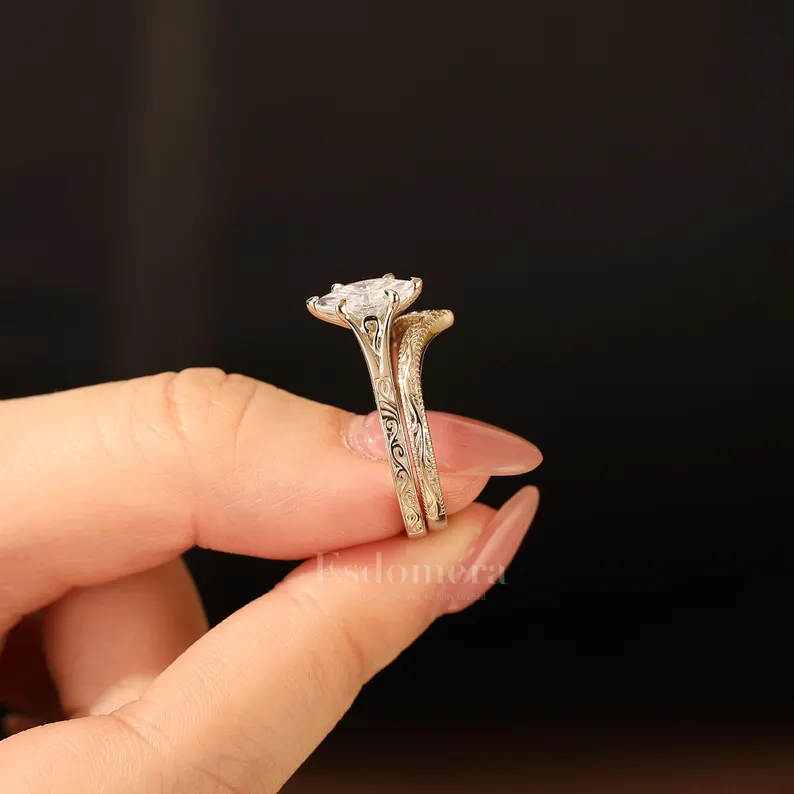 Antique Solitaire 1CT Marquise Moissanite Engagement Ring Set 14K Solid Gold Engraved Ring Set