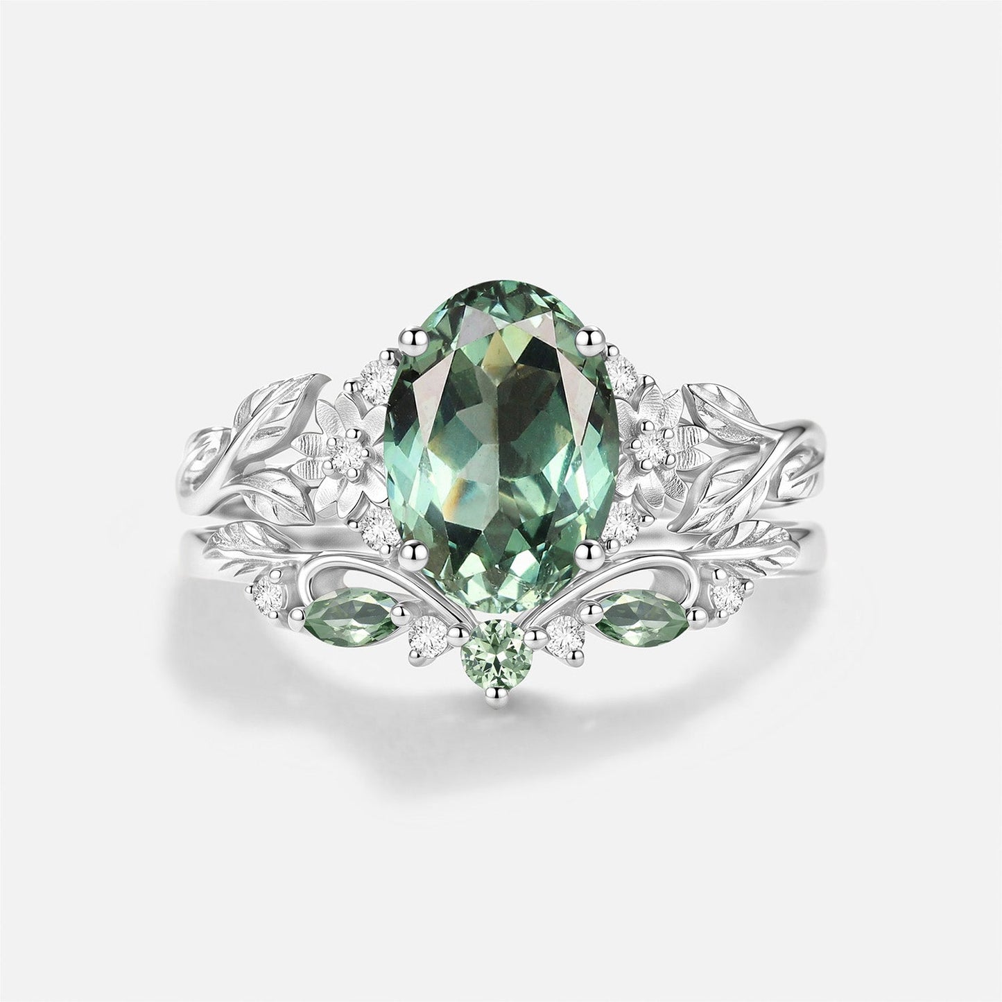 Oval Shaped Lab Green Sapphire Flower Engagement Ring Set 2pcs - Yarrow