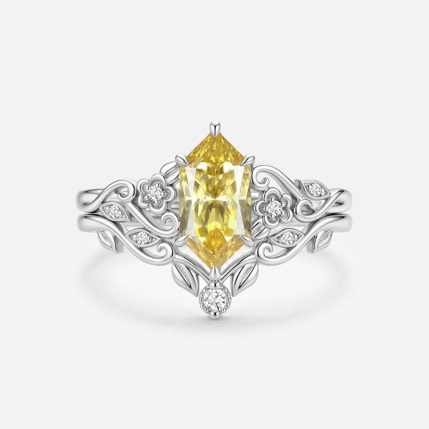 Luminous Reverie - Dutch Marquise Yellow Moissanite Flower Vintage Engagement Ring Sets 2pcs - Laurel