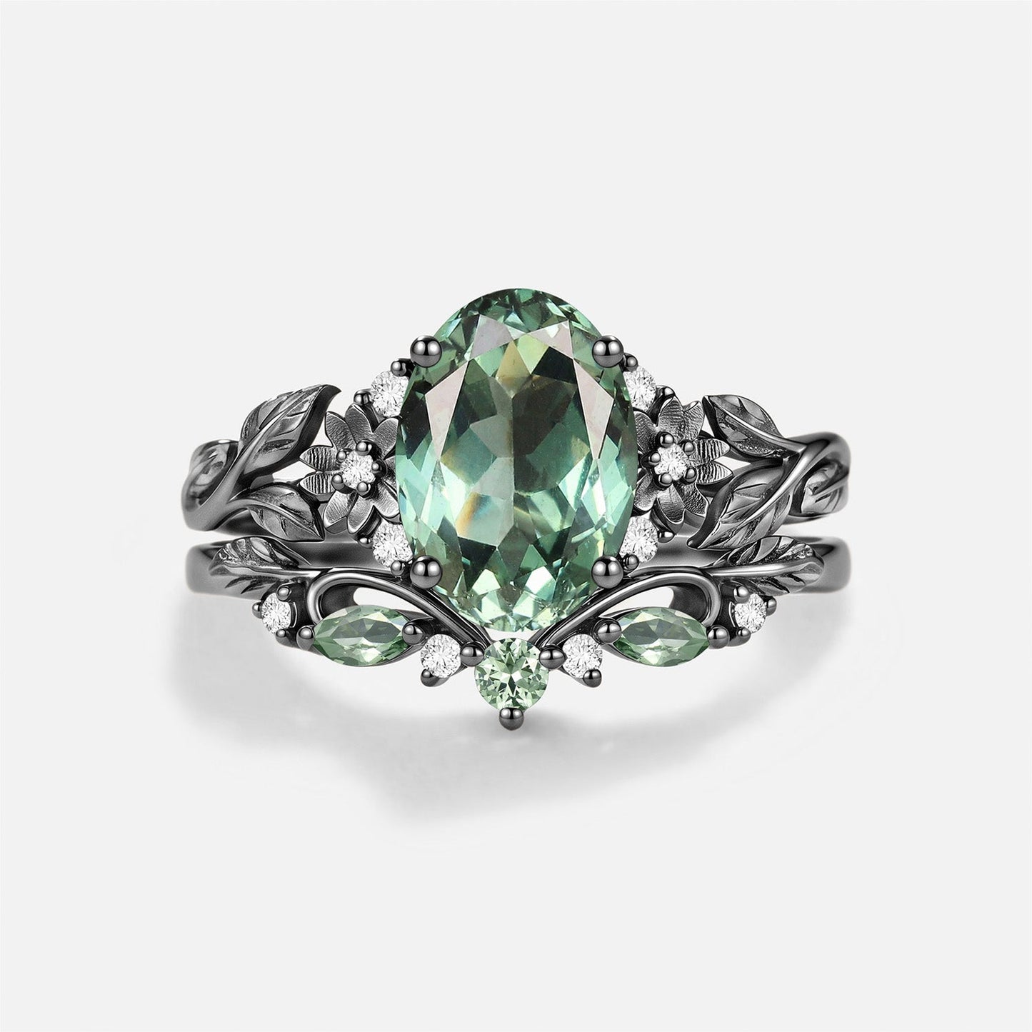 Oval Shaped Lab Green Sapphire Flower Engagement Ring Set 2pcs - Yarrow