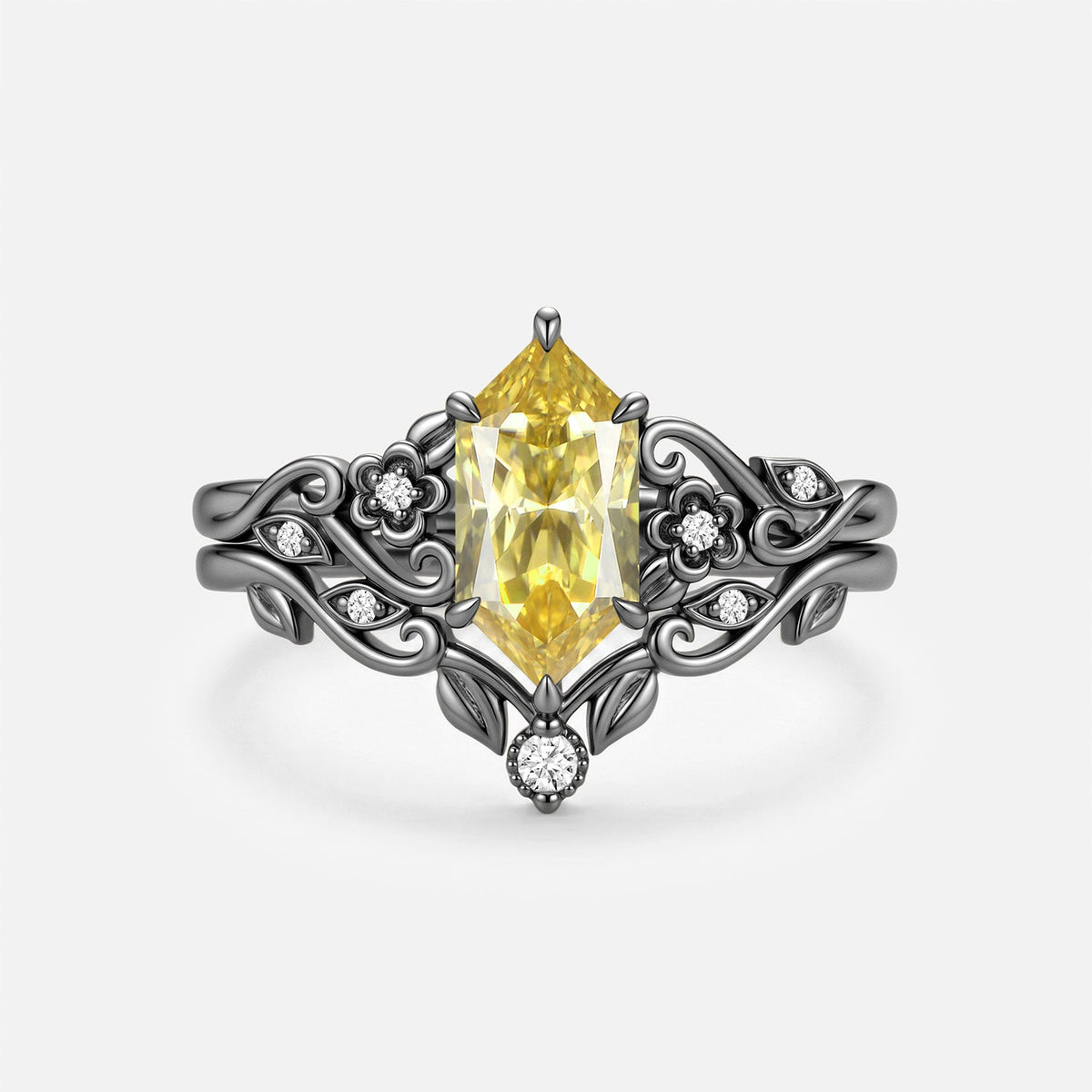 Luminous Reverie - Dutch Marquise Yellow Moissanite Flower Vintage Engagement Ring Sets 2pcs - Laurel