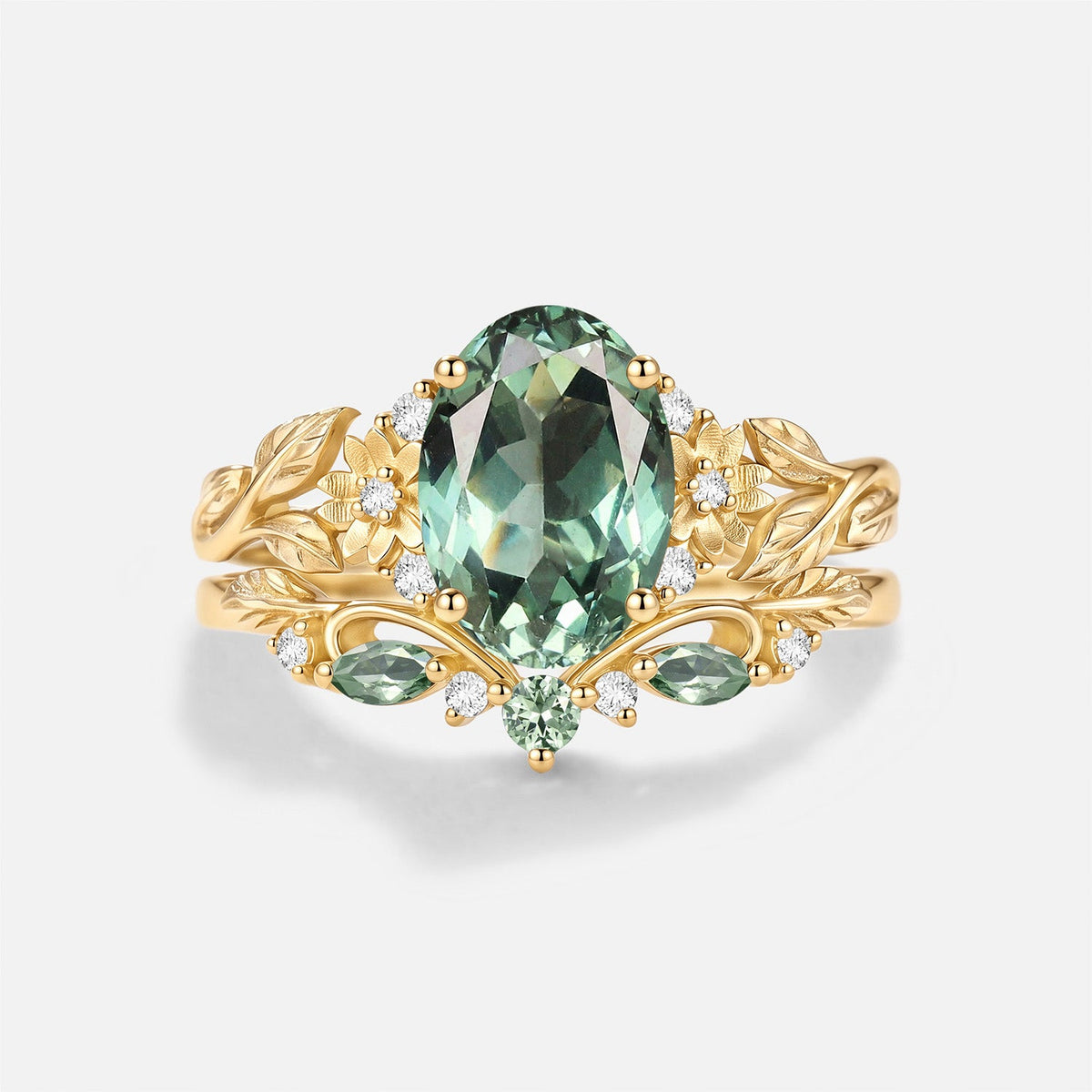 Oval Shaped Lab Green Sapphire Flower Engagement Ring Set 2pcs - Yarrow