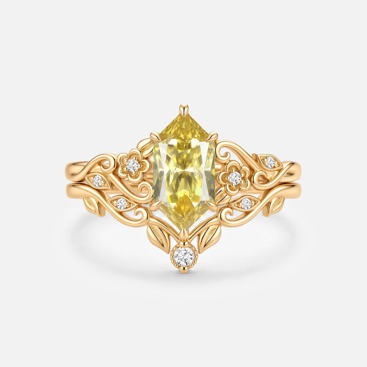 Luminous Reverie - Dutch Marquise Yellow Moissanite Flower Vintage Engagement Ring Sets 2pcs - Laurel