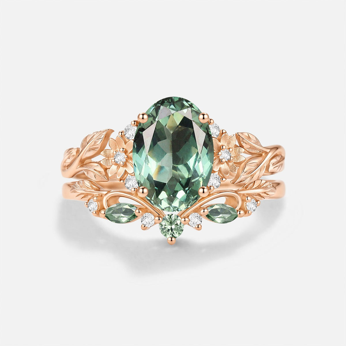 Oval Shaped Lab Green Sapphire Flower Engagement Ring Set 2pcs - Yarrow