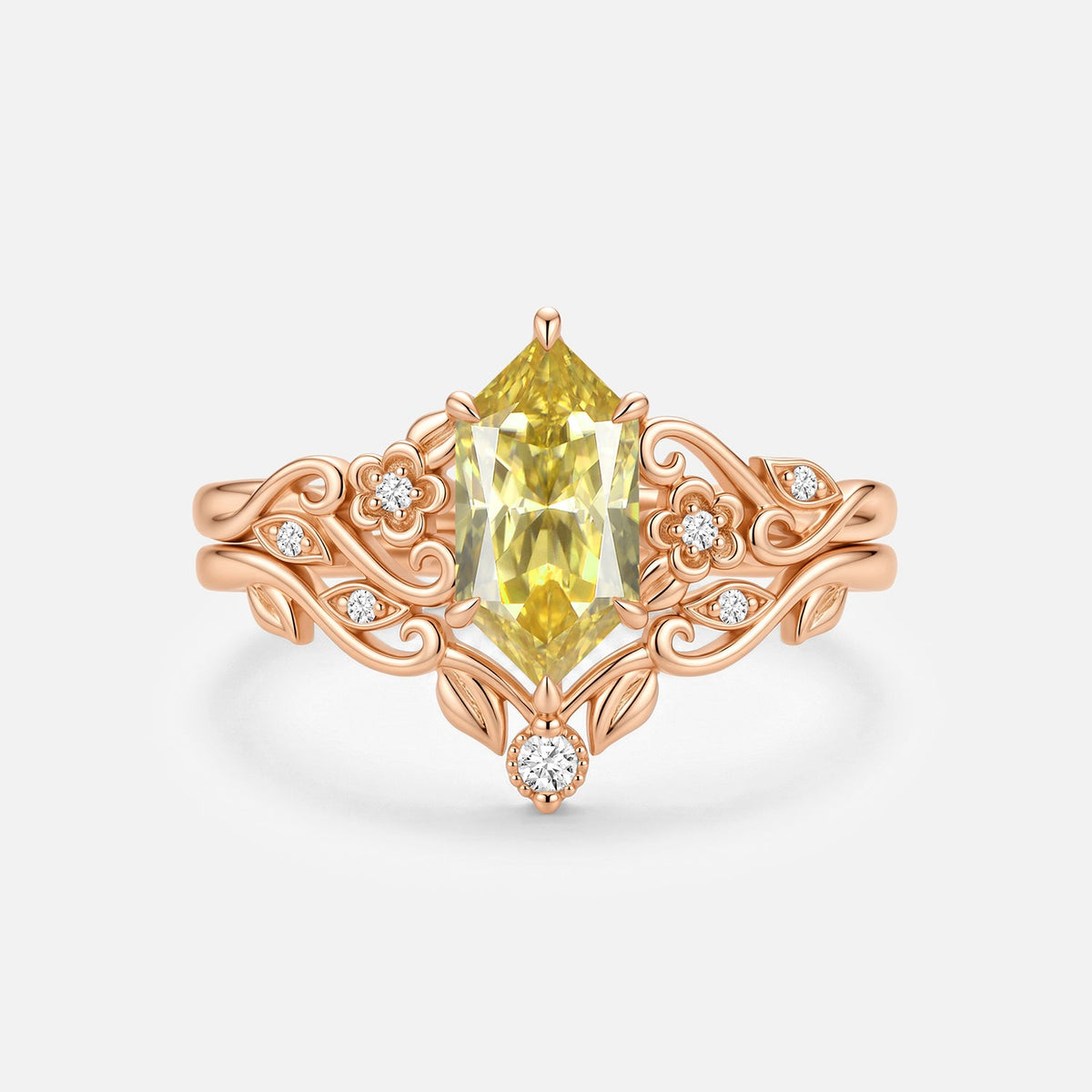 Luminous Reverie - Dutch Marquise Yellow Moissanite Flower Vintage Engagement Ring Sets 2pcs - Laurel