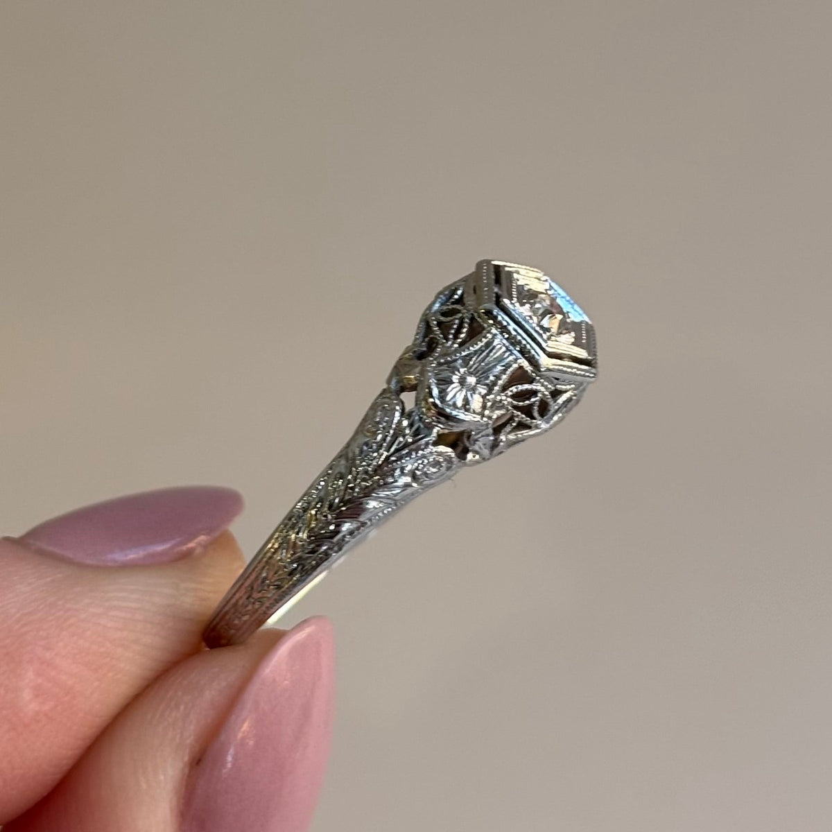 Art Deco Diamond Hexagonal Bezel Filigree Ring | 18k White Gold | Vintage