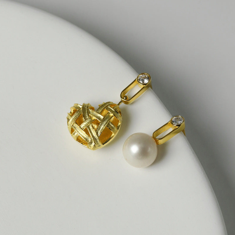 Heart Pearl Asymmetrical Earrings