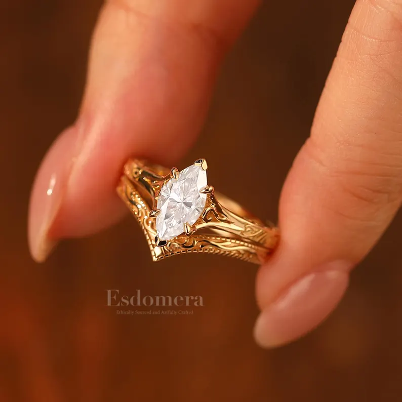 Antique Solitaire 1CT Marquise Moissanite Engagement Ring Set 14K Solid Gold Engraved Ring Set