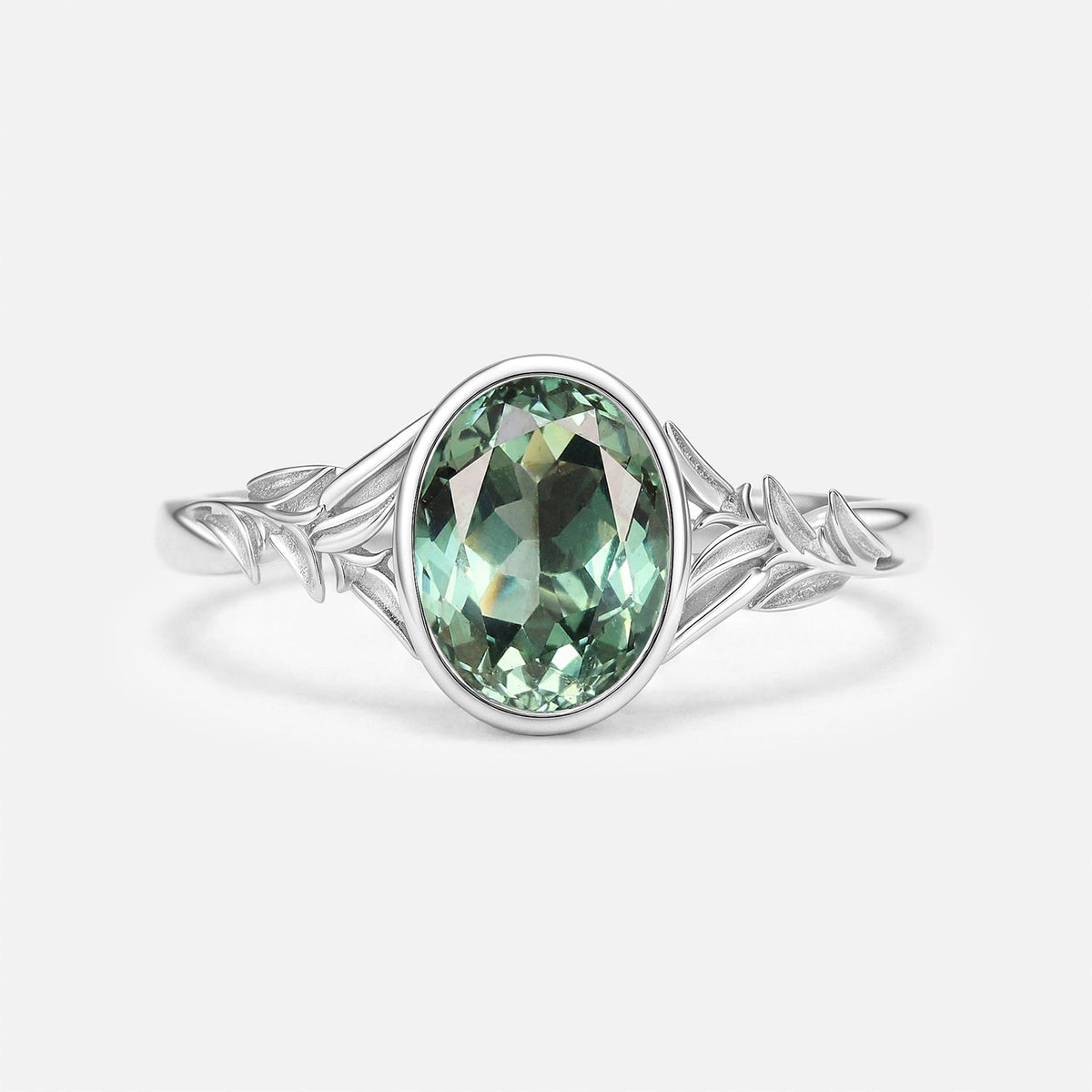 Oval Cut Bezel Lab Green Sapphire Minimalist Engagement Ring - Mistral