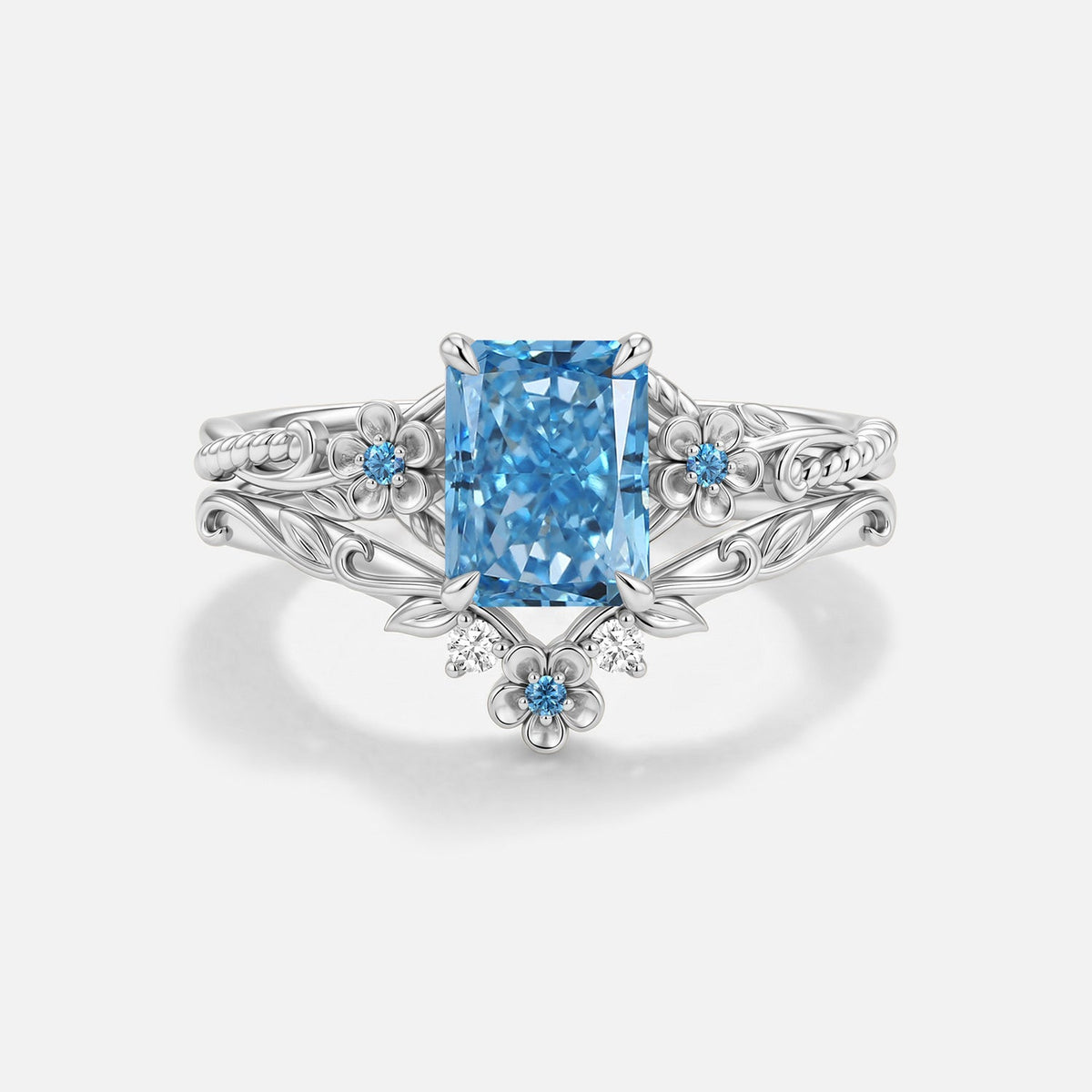 Radiant Cut Blue Lab Grown Diamond Flower Engagement Ring Set 2pcs - Albine