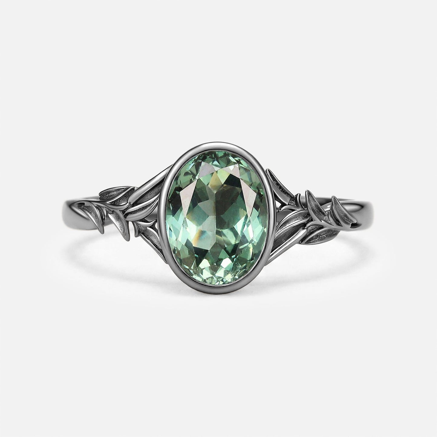 Oval Cut Bezel Lab Green Sapphire Minimalist Engagement Ring - Mistral