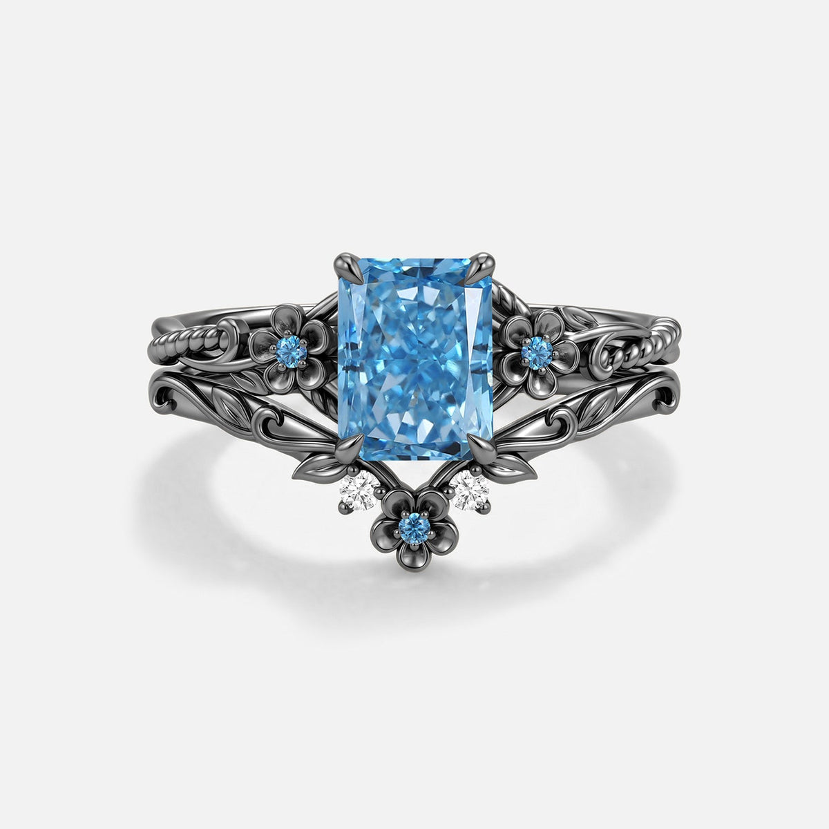 Radiant Cut Blue Lab Grown Diamond Flower Engagement Ring Set 2pcs - Albine