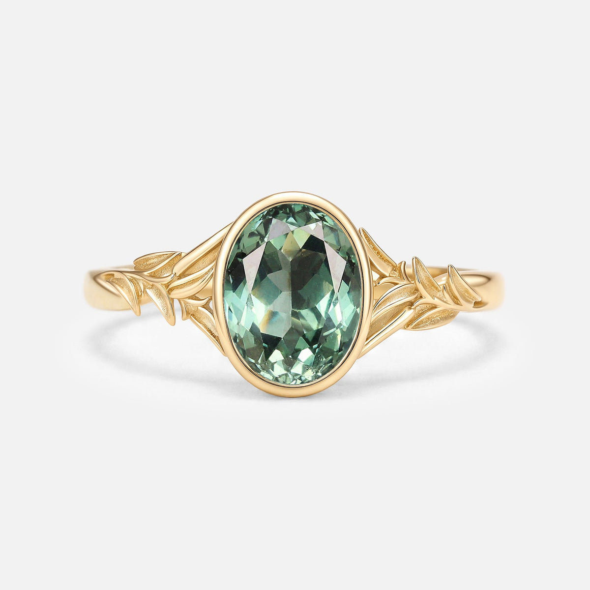 Oval Cut Bezel Lab Green Sapphire Minimalist Engagement Ring - Mistral