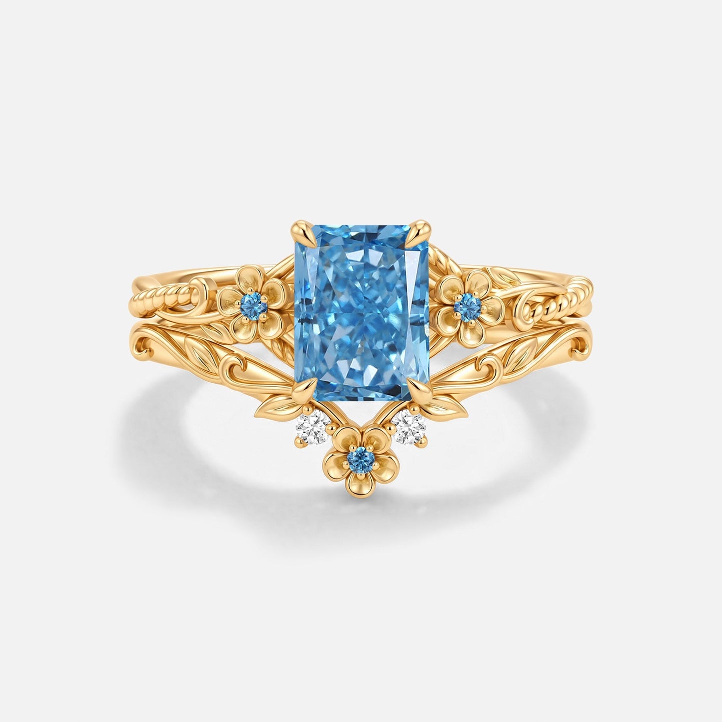 Radiant Cut Blue Lab Grown Diamond Flower Engagement Ring Set 2pcs - Albine
