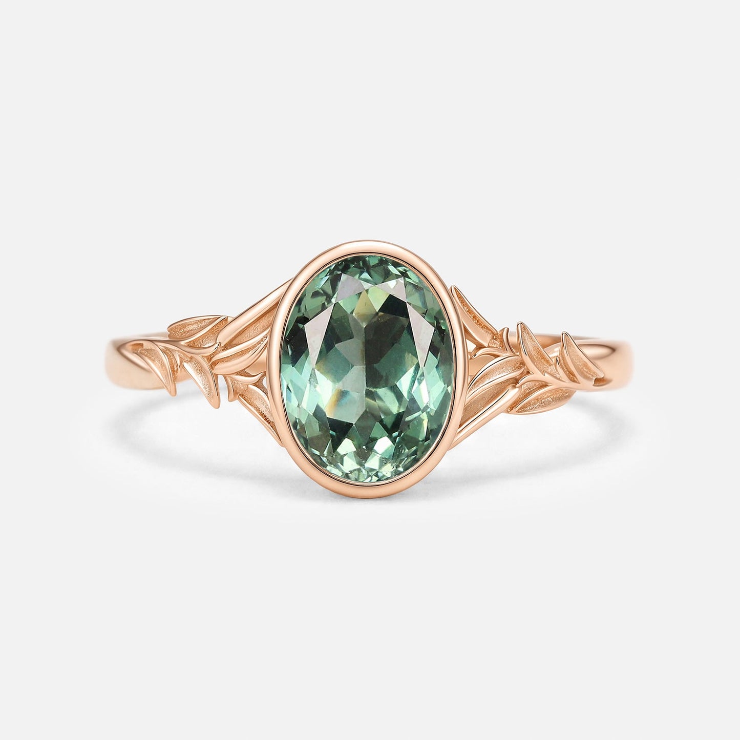 Oval Cut Bezel Lab Green Sapphire Minimalist Engagement Ring - Mistral