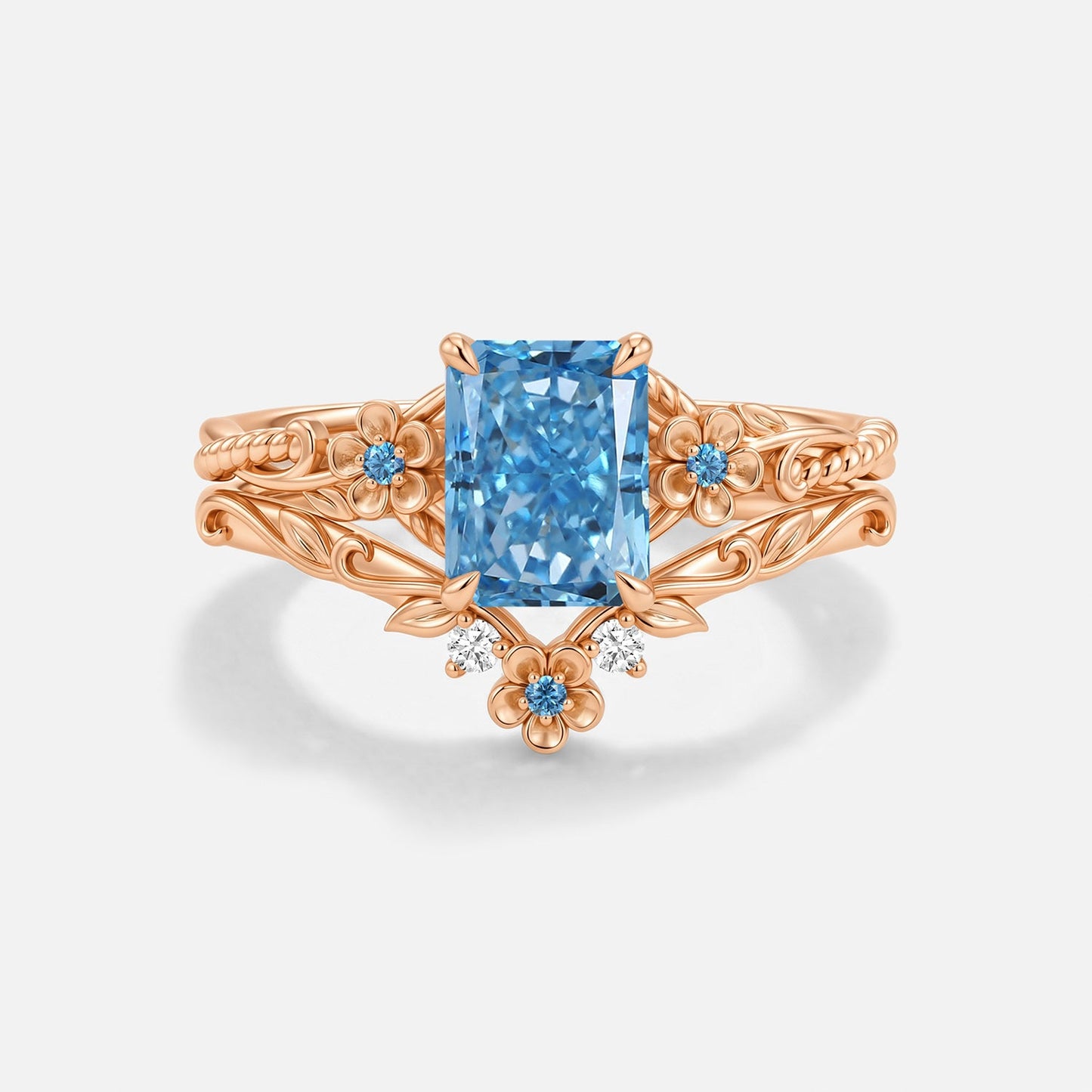 Radiant Cut Blue Lab Grown Diamond Flower Engagement Ring Set 2pcs - Albine