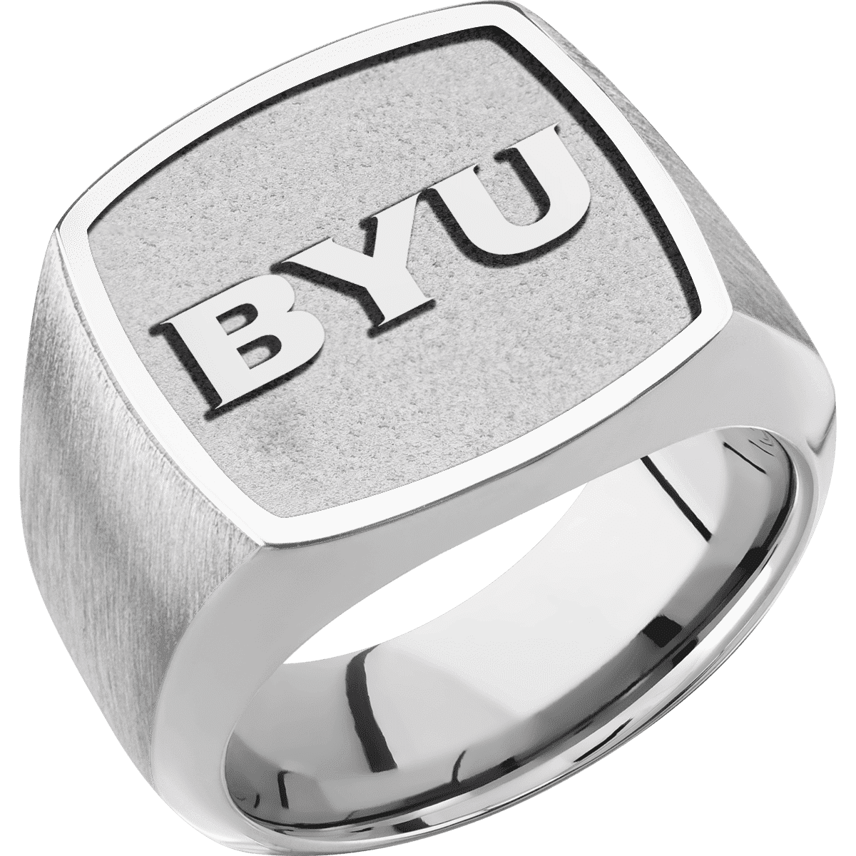 Large Cushion signet ring (18x18mm) in Cobalt Chrome, with a Wide style band, a Cobalt Chrome inlay and a Brigham Young BYU Monogram Rev engraving.