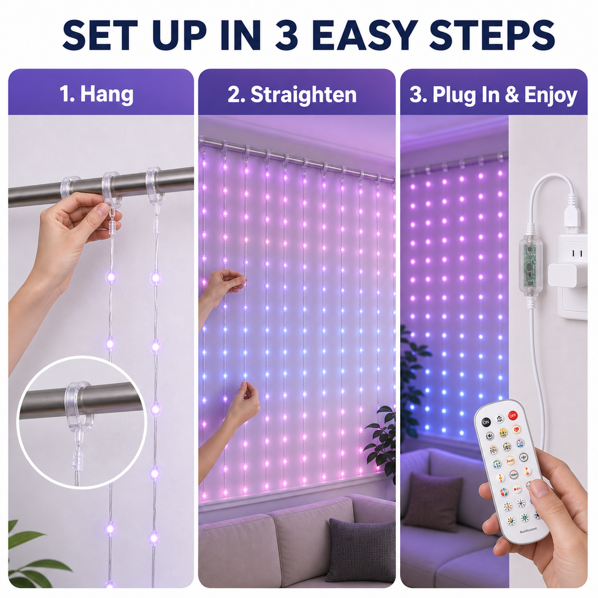 RGBIC Curtain Lights, 6.6 x 6.6 ft – Bluetooth App, Remote & Music Sync