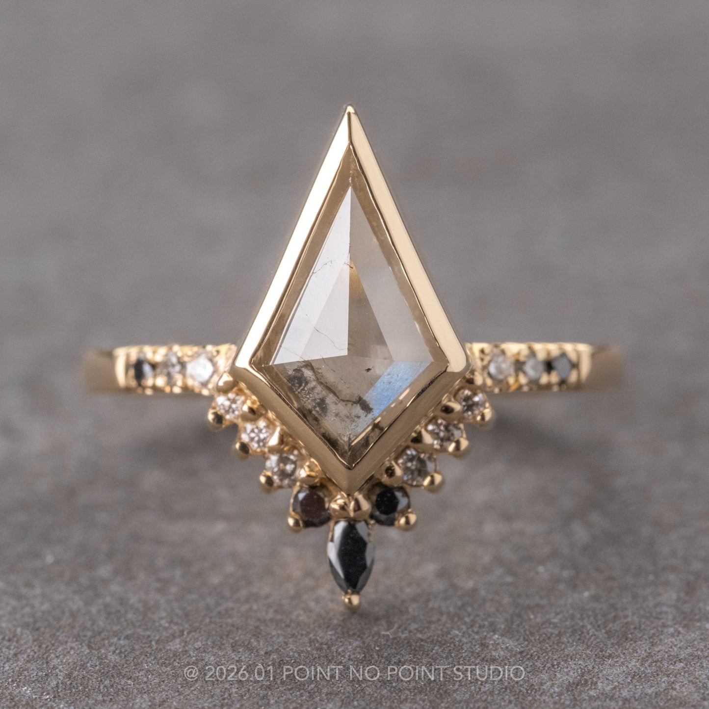 1.54 Carat Salt and Pepper Kite Diamond Engagement Ring, Bezel Ombre Avaline Setting, 14K Yellow Gold