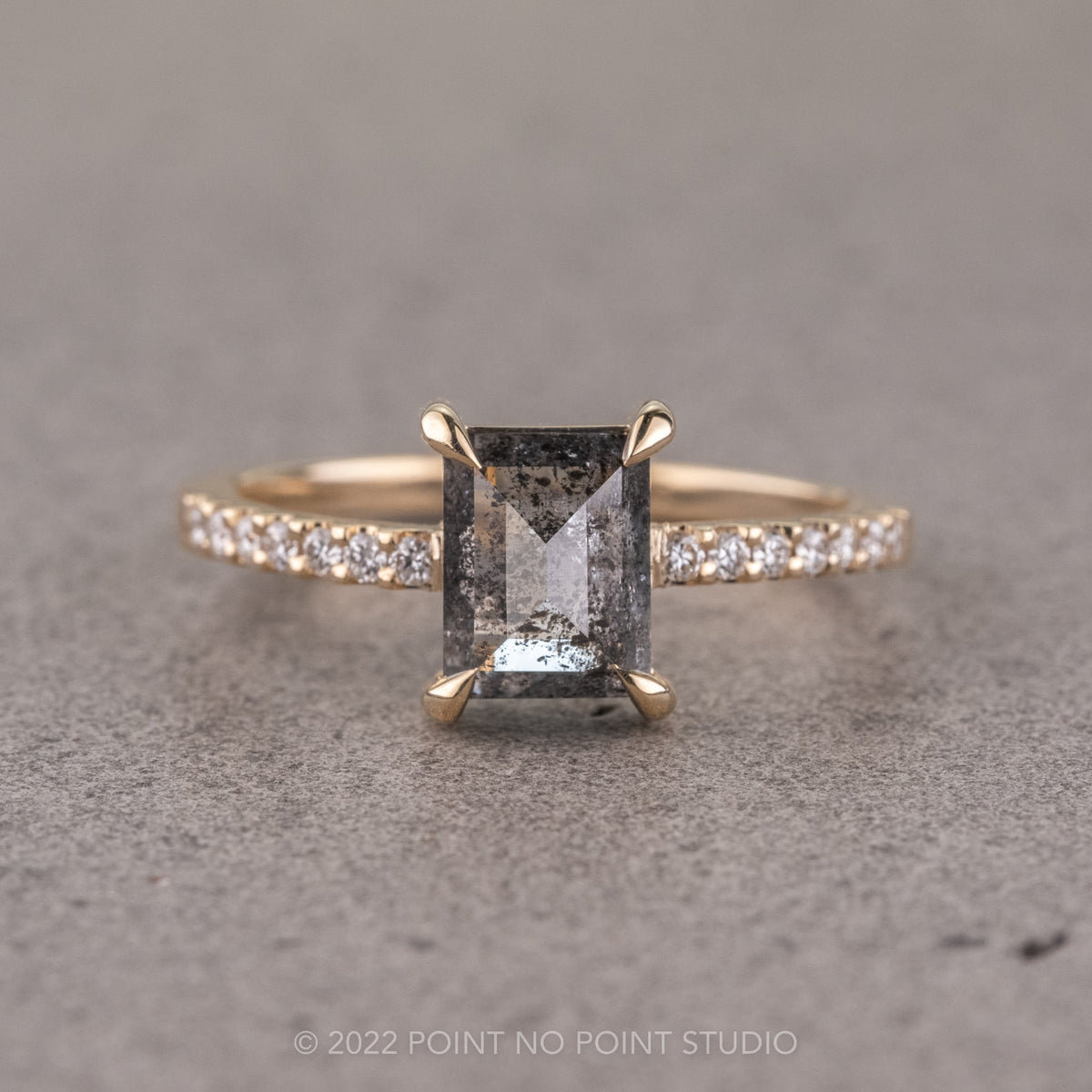 1.25 Carat Black Speckled Rectangle Cut Diamond Engagement Ring, Jules Setting, 14K Yellow Gold