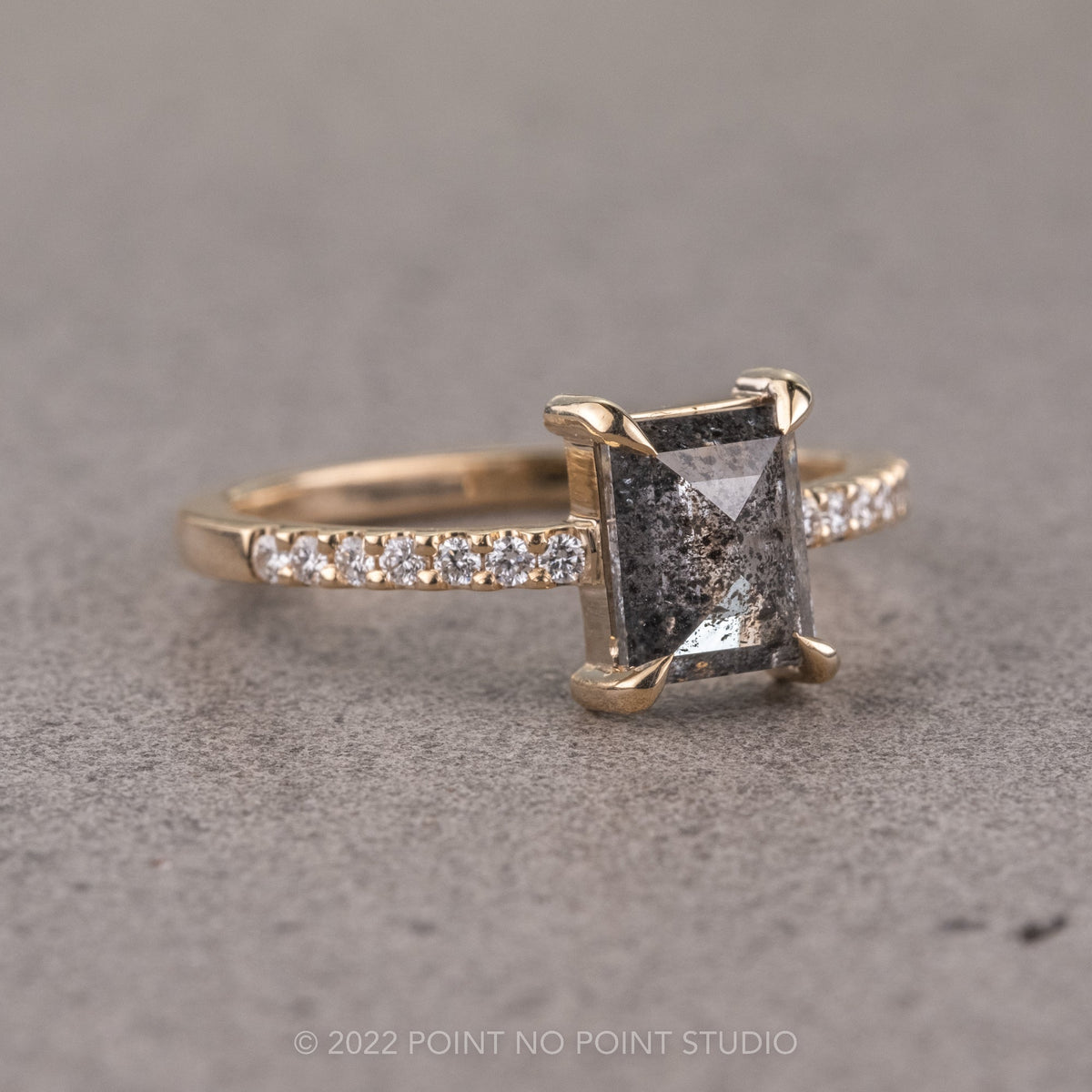 1.25 Carat Black Speckled Rectangle Cut Diamond Engagement Ring, Jules Setting, 14K Yellow Gold