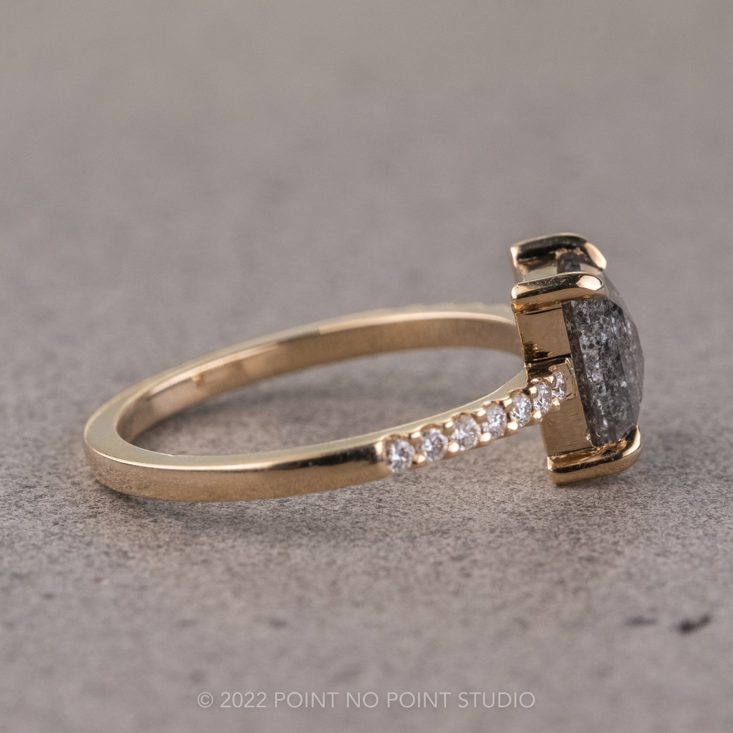 1.25 Carat Black Speckled Rectangle Cut Diamond Engagement Ring, Jules Setting, 14K Yellow Gold