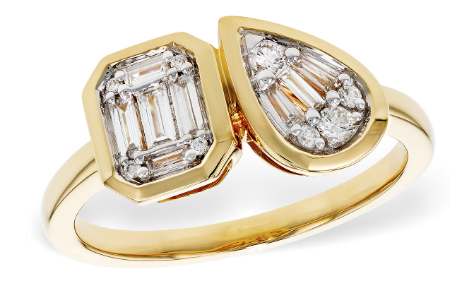 14KY Pear-Shape and Emerald-cut Diamond Cluster Toi et Moi Ring