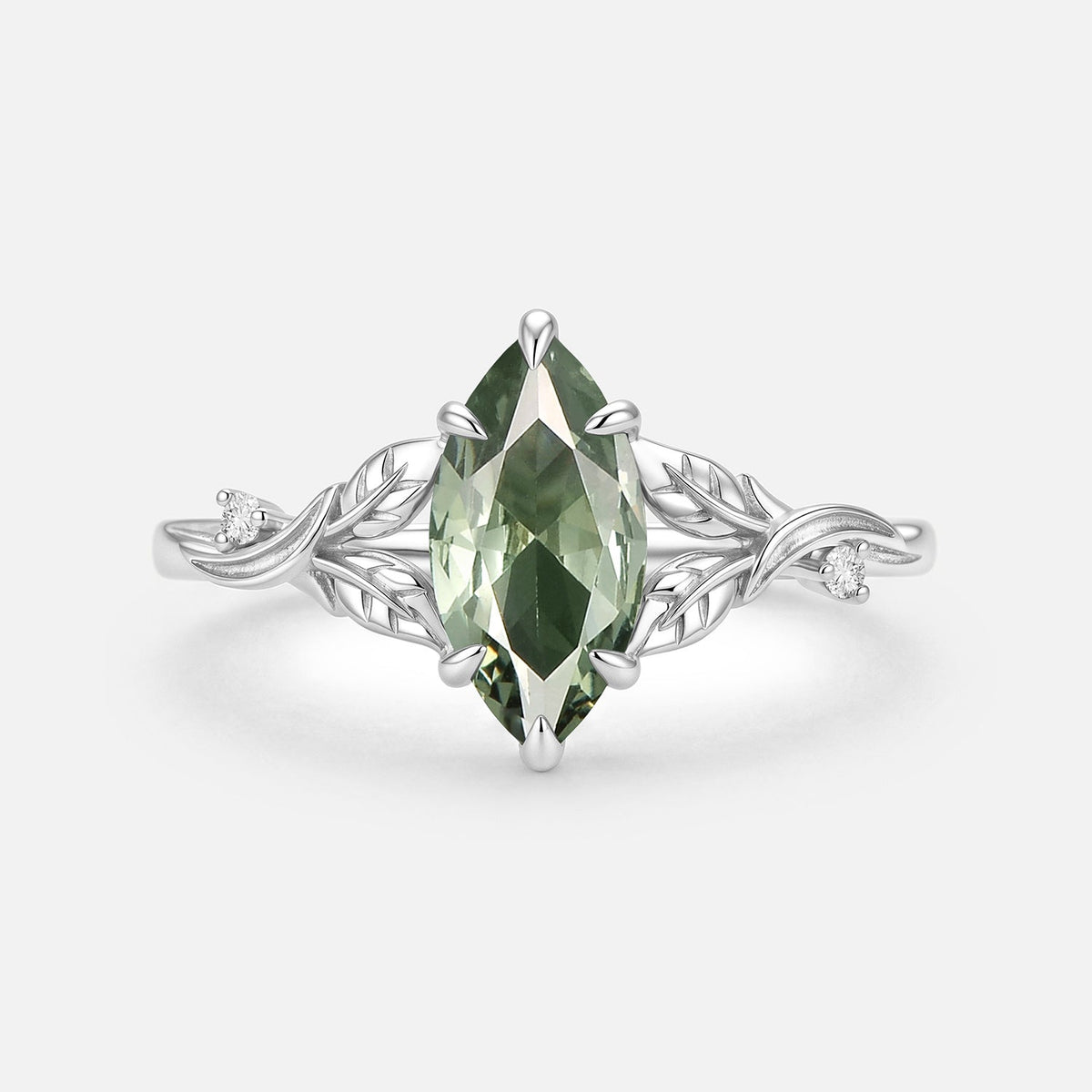 Marquise Cut Lab Green Sapphire Leafy Engagement Ring - Camellia