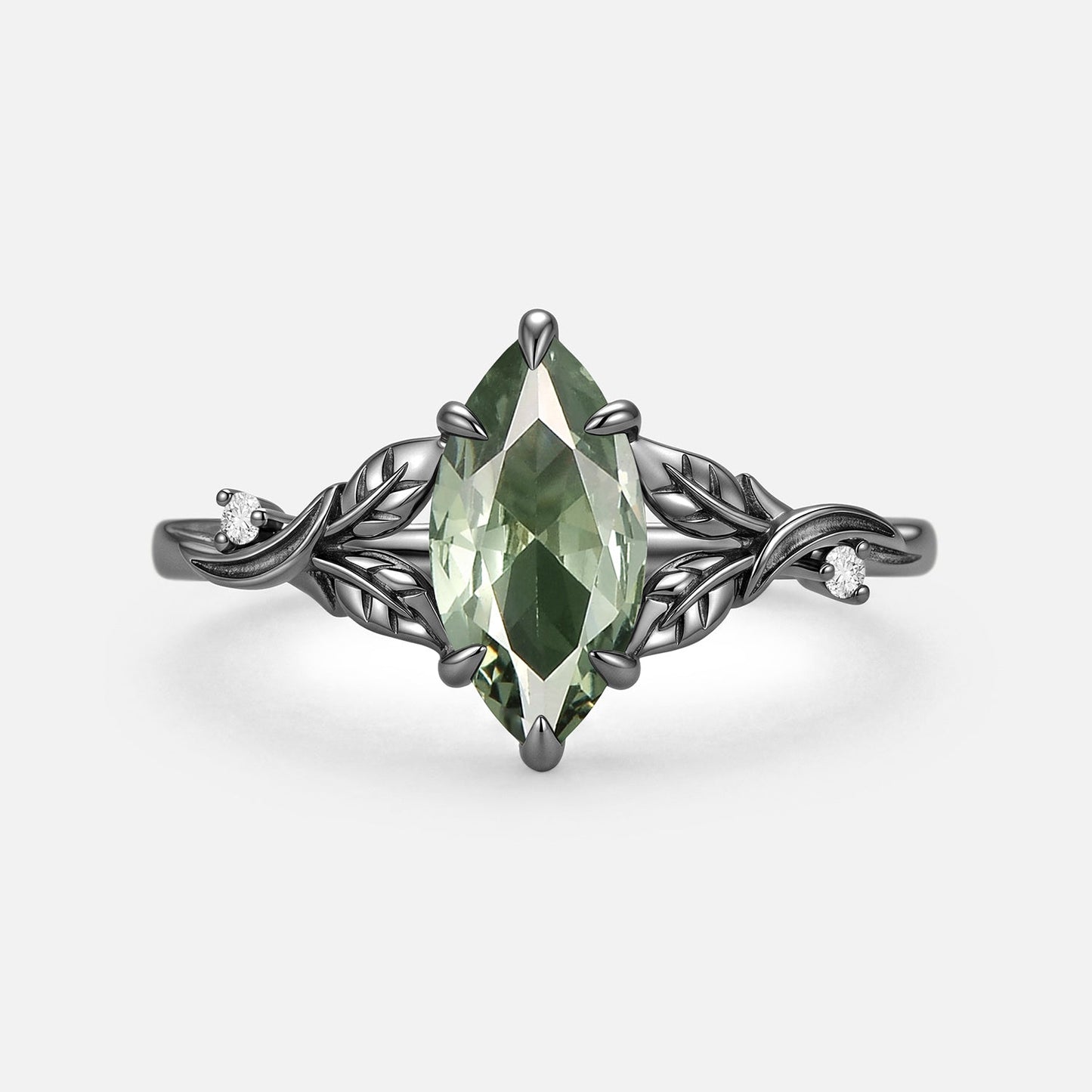 Marquise Cut Lab Green Sapphire Leafy Engagement Ring - Camellia