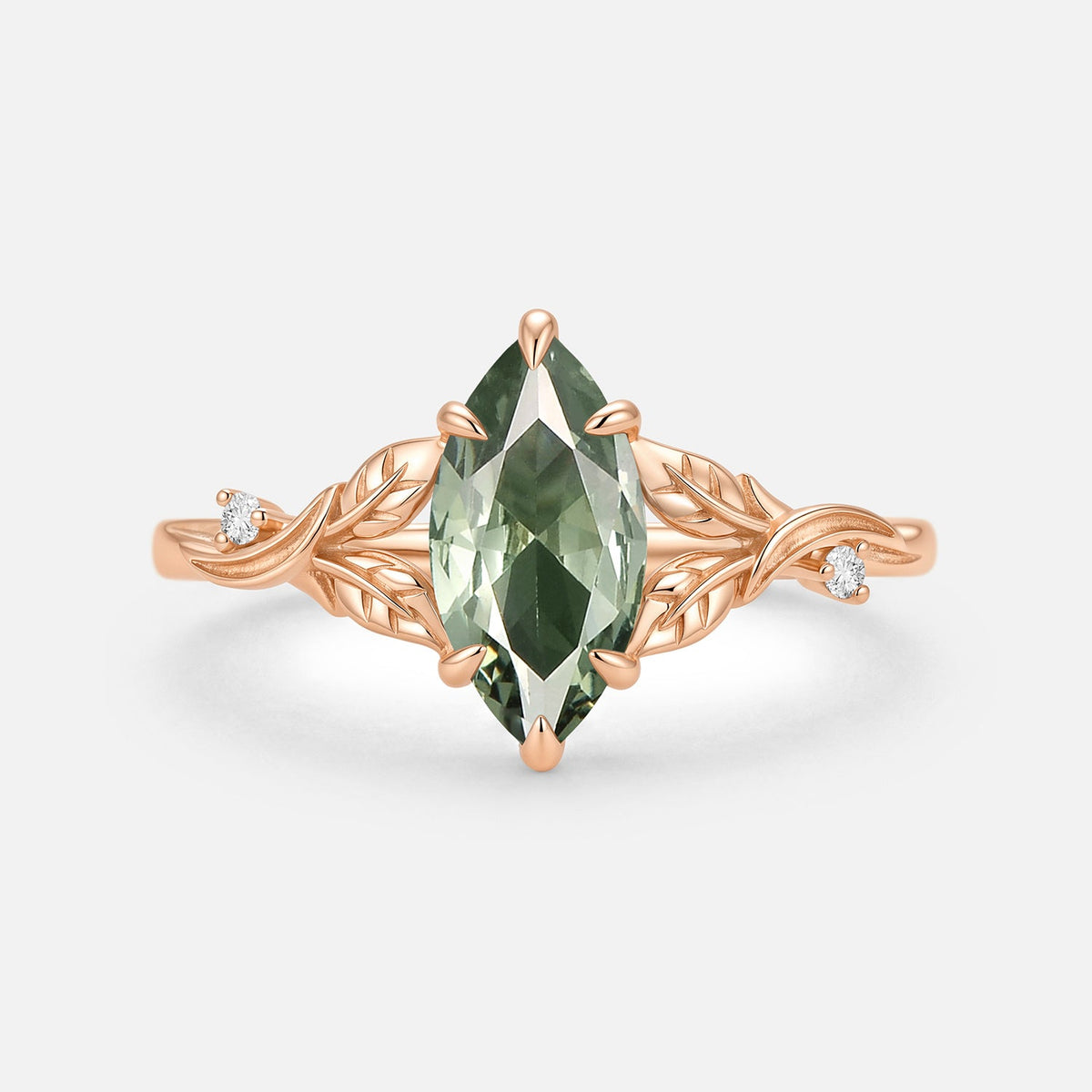 Marquise Cut Lab Green Sapphire Leafy Engagement Ring - Camellia
