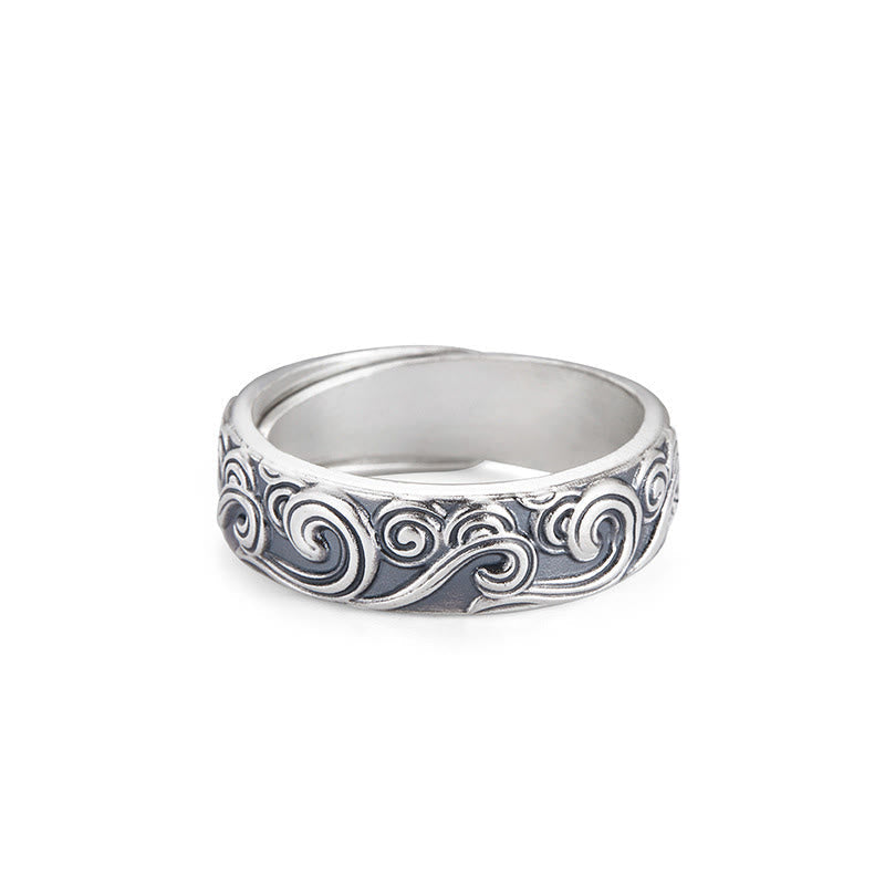 Fortune Jewel 999 Sterling Silver Auspicious Clouds Engraved Blessing Adjustable Ring