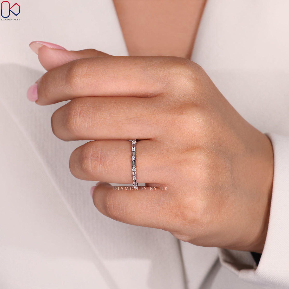 White Gold Round And Baguette Diamond Wedding Band