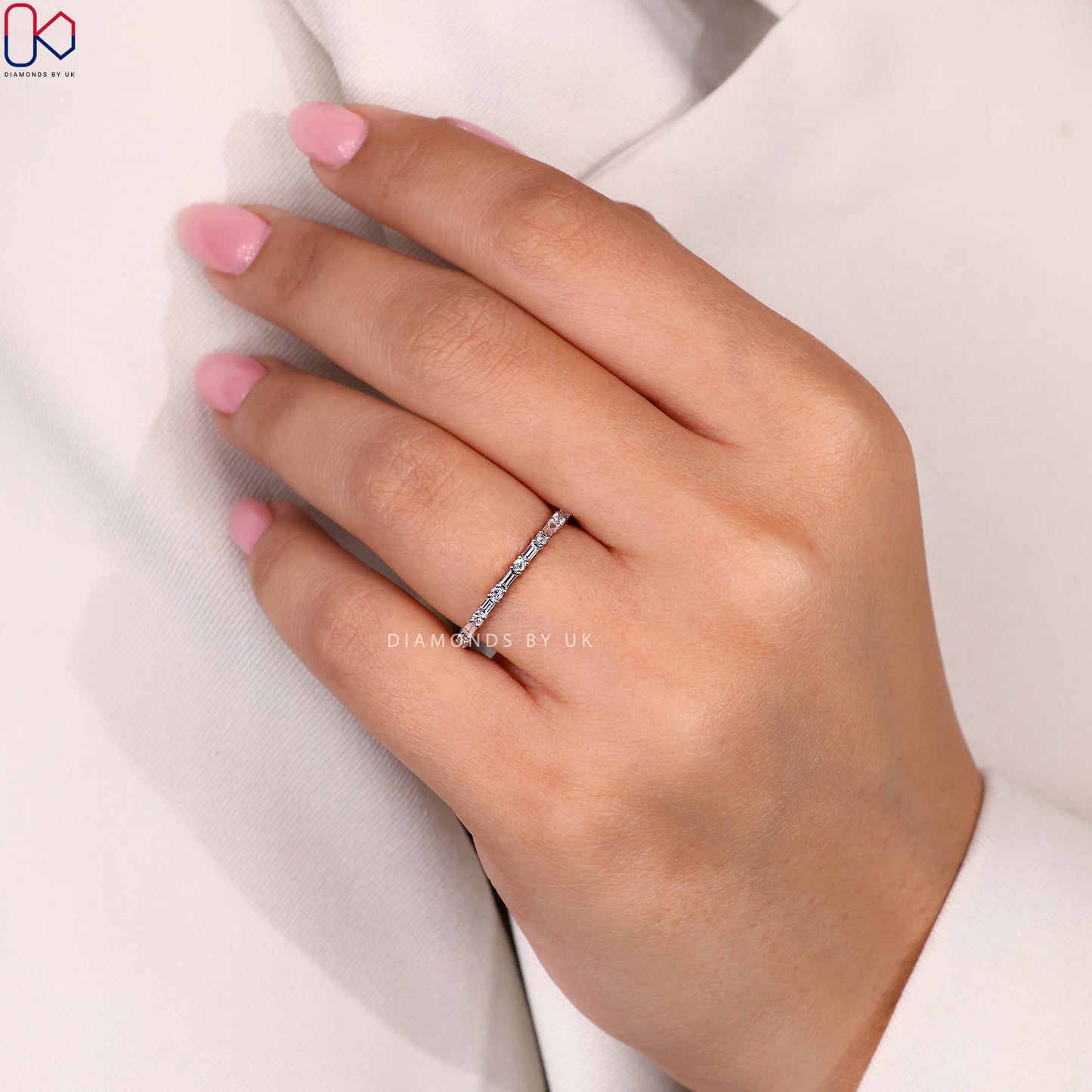 White Gold Round And Baguette Diamond Wedding Band