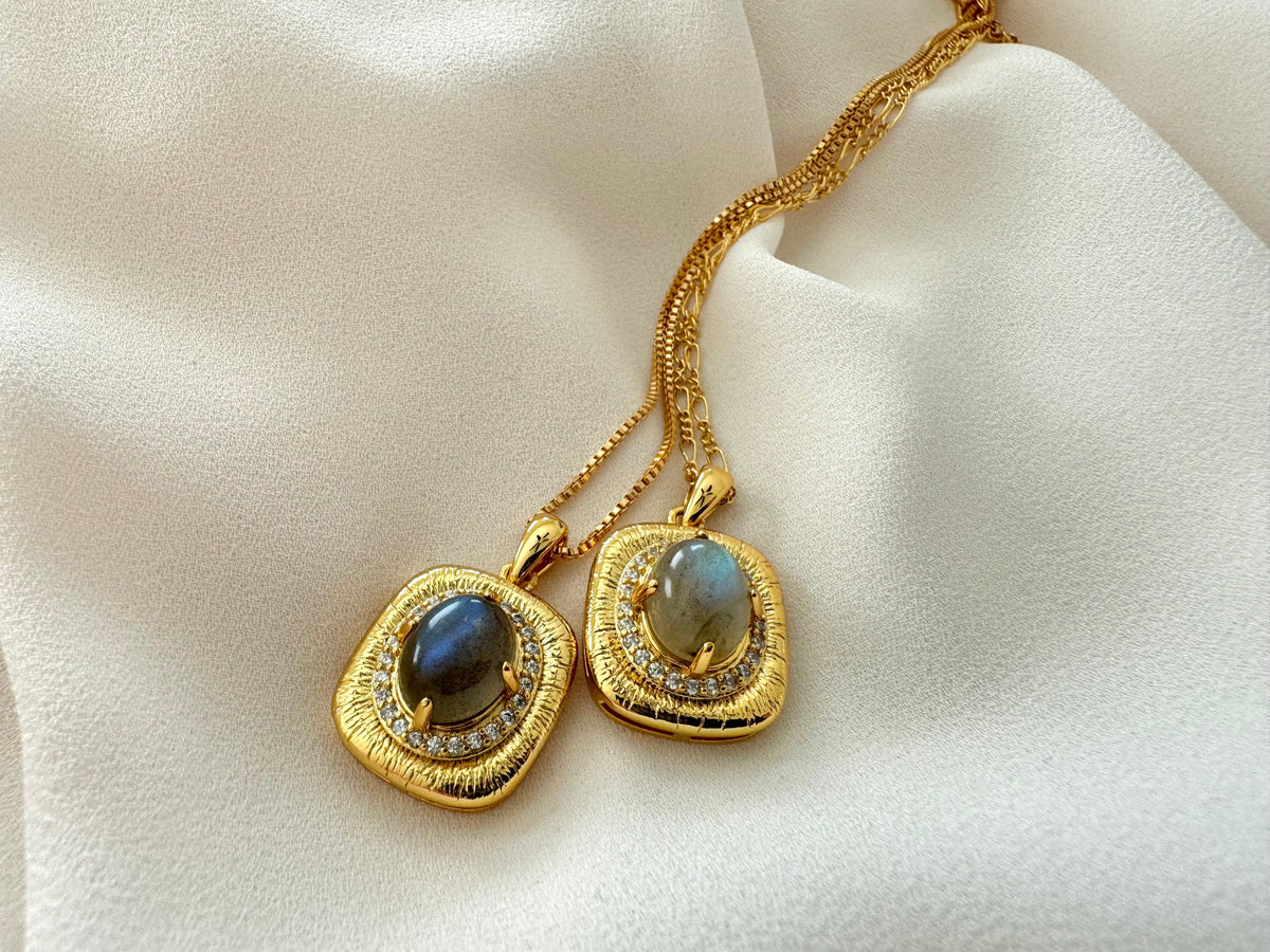 Gold Filled Oval Labradorite Pendant Square Framed Gemstone Pave Necklace Figaro Box Chain