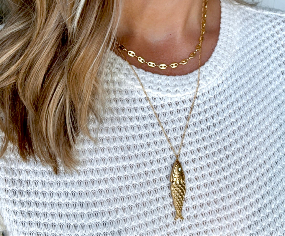 Articulated Gold Sardine Fish Pendant Necklace - Gold Filled Chain