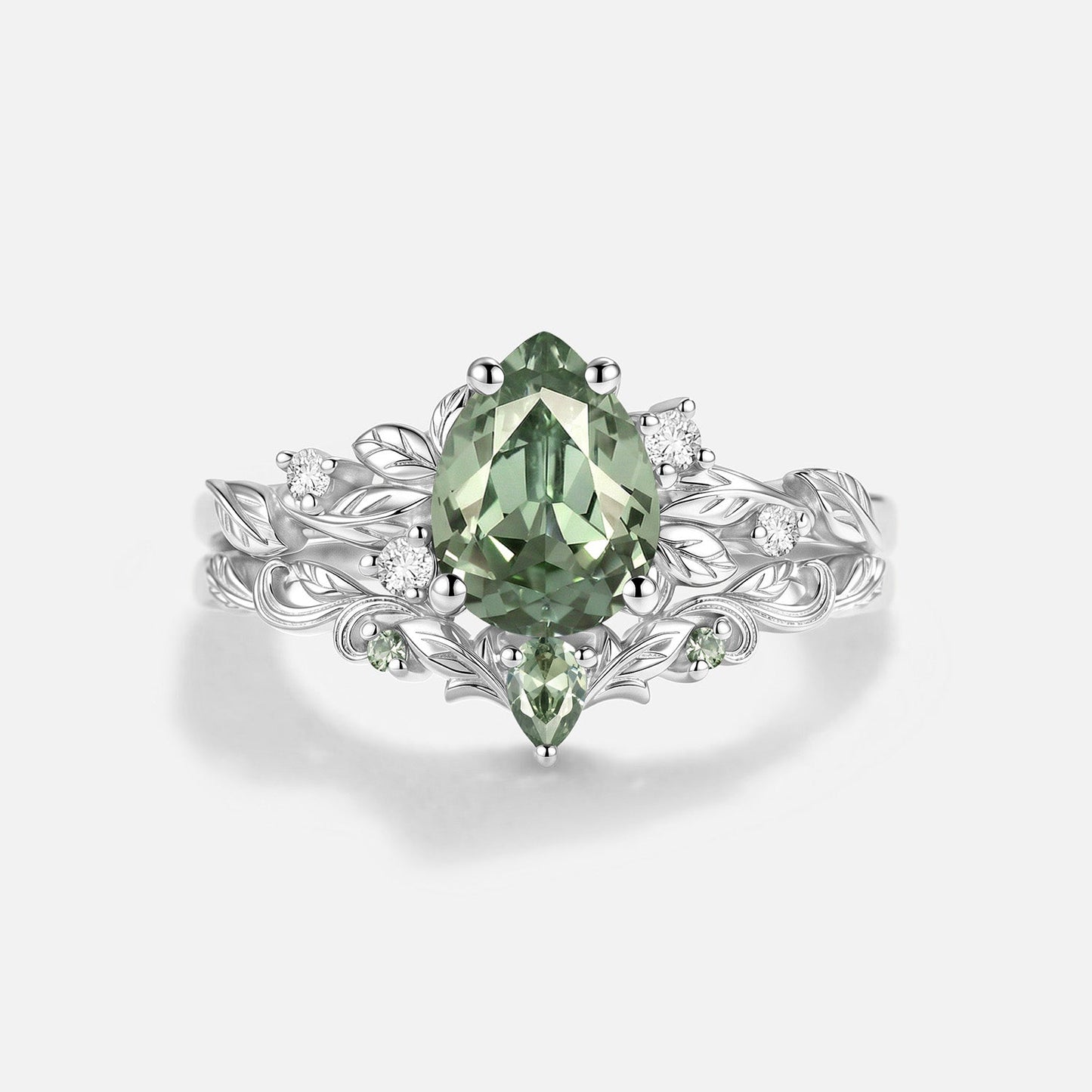 Pear Cut Lab Green Sapphire Leafy Engagement Ring Sets 2pcs - Larkspur