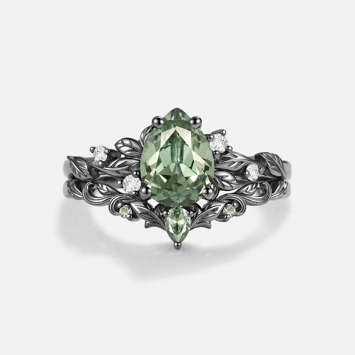 Pear Cut Lab Green Sapphire Leafy Engagement Ring Sets 2pcs - Larkspur