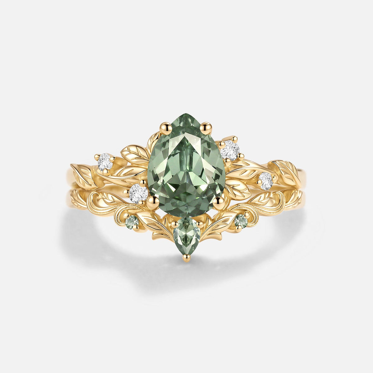 Pear Cut Lab Green Sapphire Leafy Engagement Ring Sets 2pcs - Larkspur