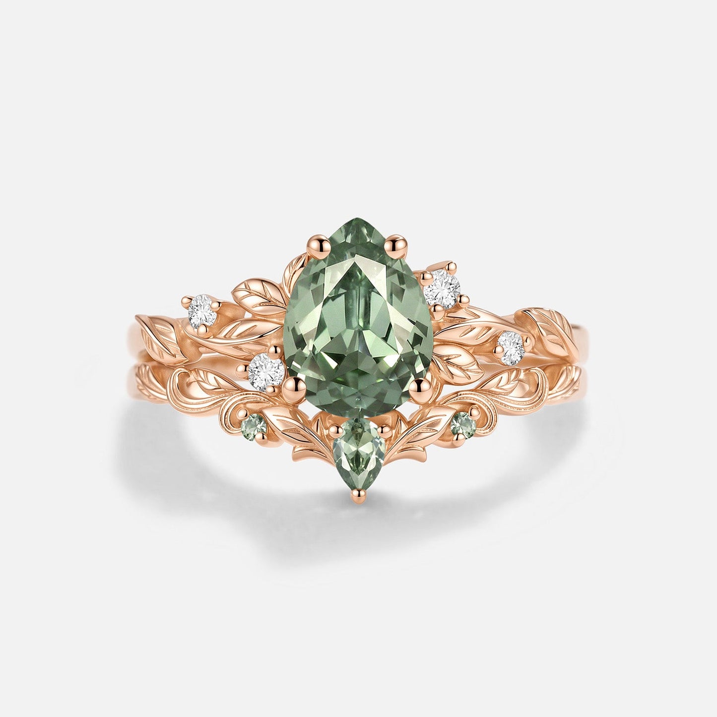 Pear Cut Lab Green Sapphire Leafy Engagement Ring Sets 2pcs - Larkspur