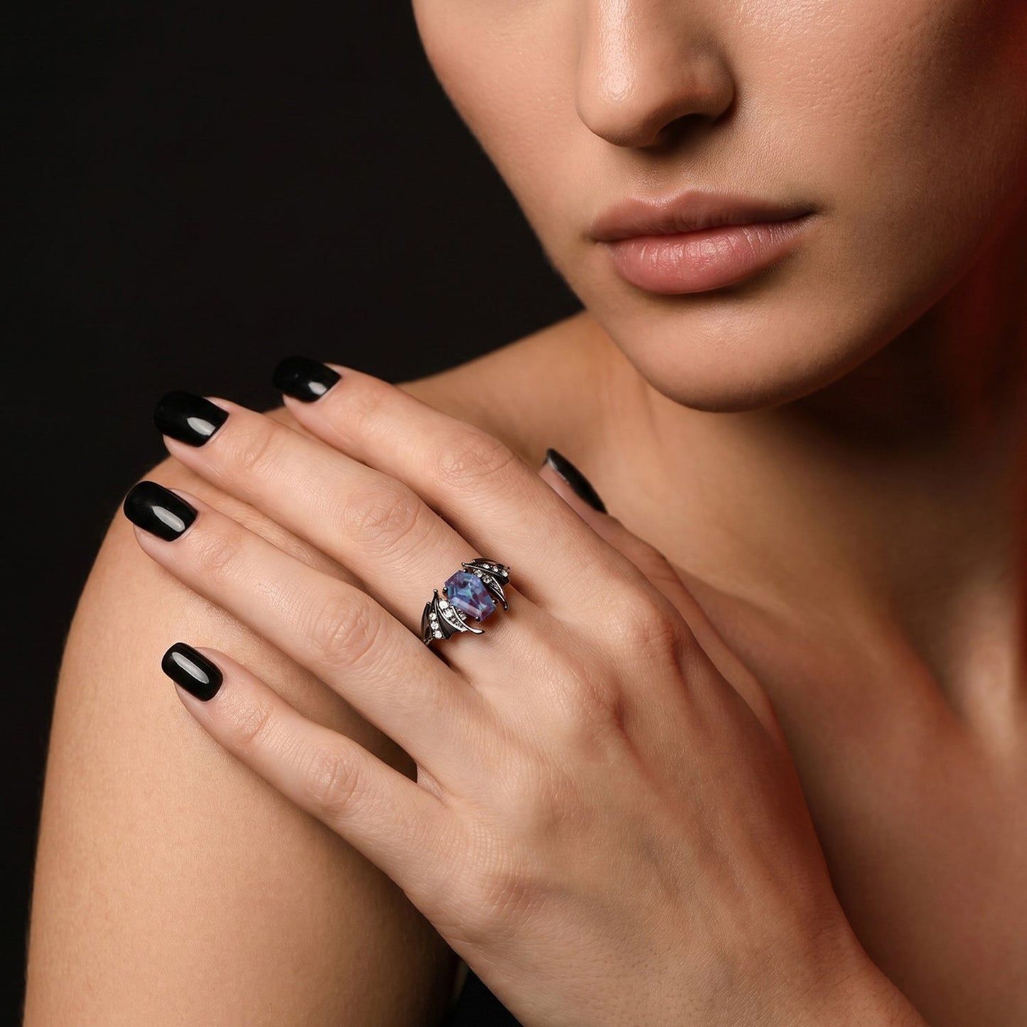 Coffin Cut Lab Alexandrite Gothic Inspired Black Gold Engagement Ring - Bat Ring