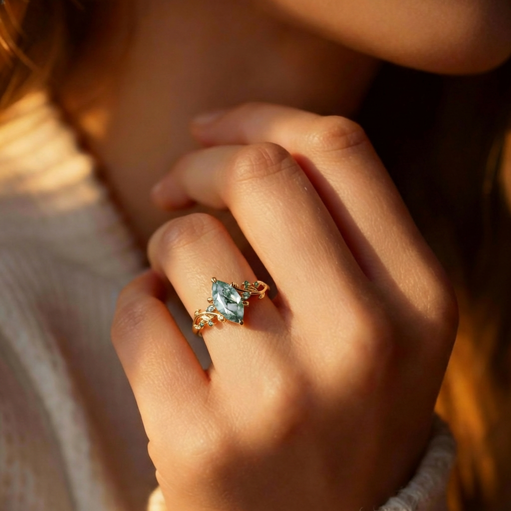 Celandine’s Twine | Marquise Moss Agate Leafy Twist Engagement Ring