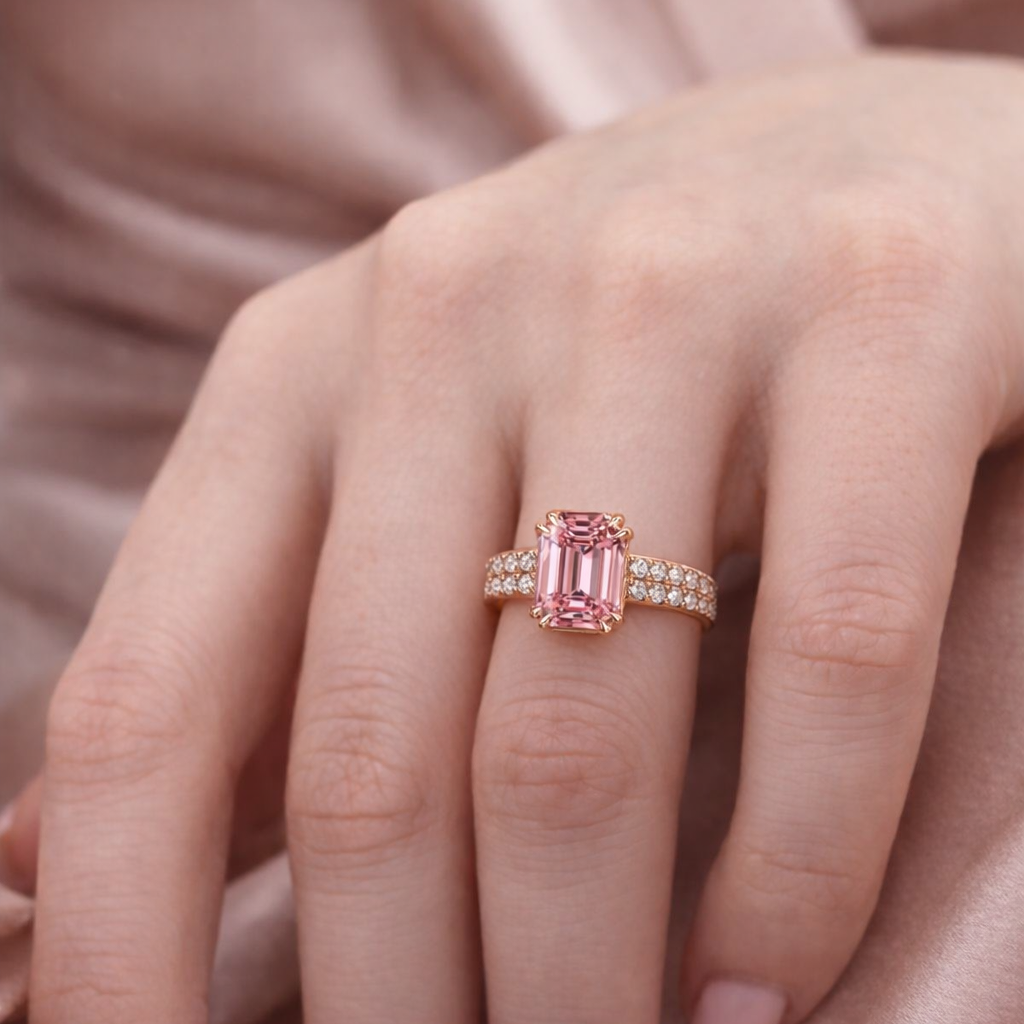 Lyra‘s Aquarelle | 3CT Emerald Cut Pink Sapphire Engagement Ring