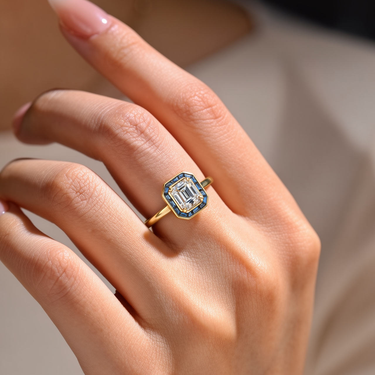Celia’s Ode | 1CT Emerald Cut Diamond Engagement Ring with Sapphire Halo